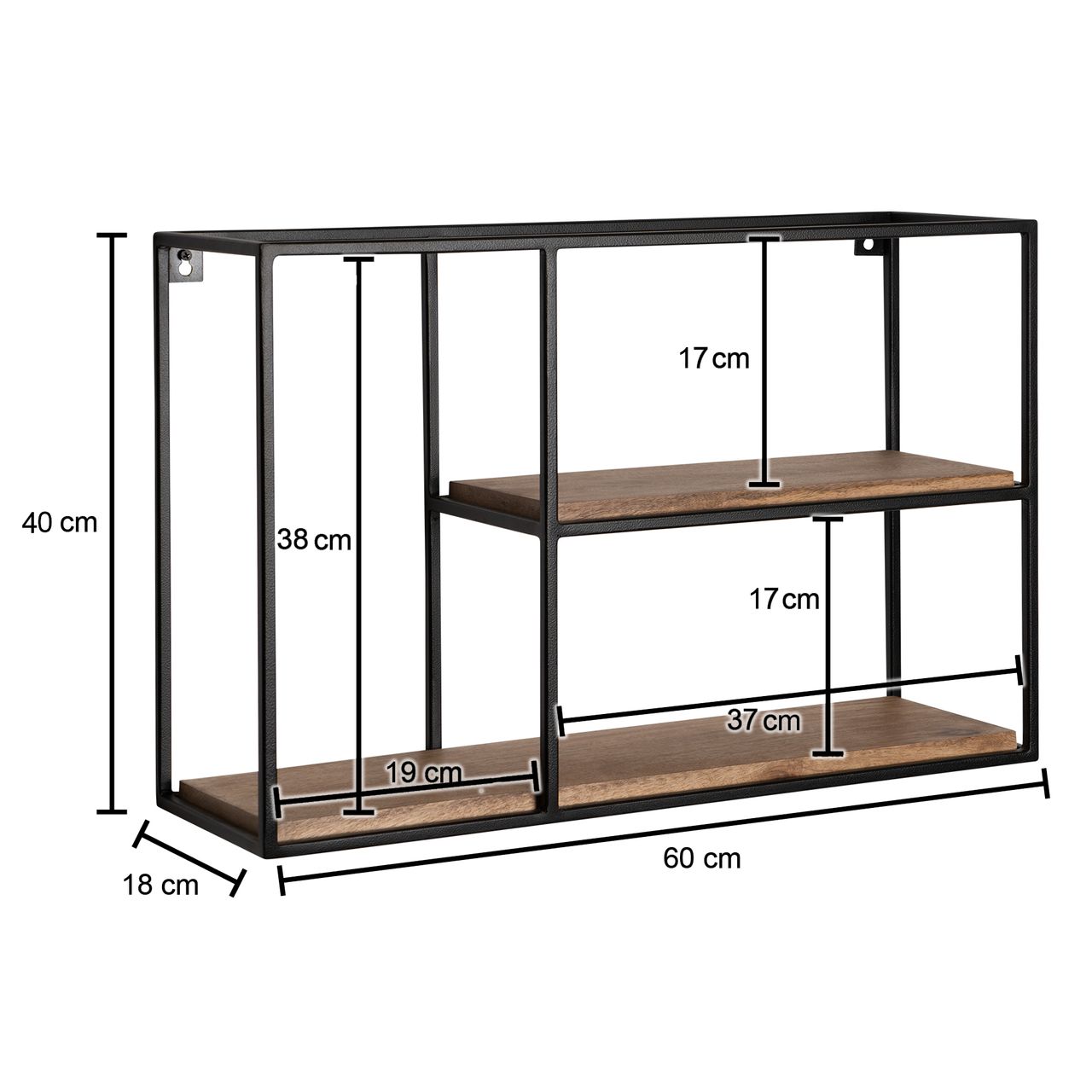 Wohnling Wandregal Holz Metall 60x40x18 cm Hängeregal Regal Rechteckig Massiv Bücherregal Wand