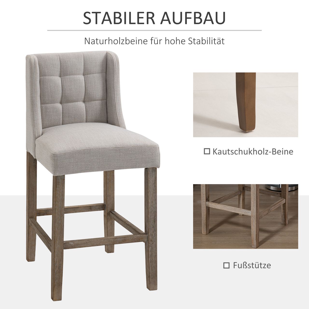 HOMCOM 2er-Set Barhocker moderne Küchenstühle Bistrohocker Barstühle für Küche mit Rückenlehne Tresenhocker Leinen-Touch Gummiholz Beige 47 x 50 x 101 cm