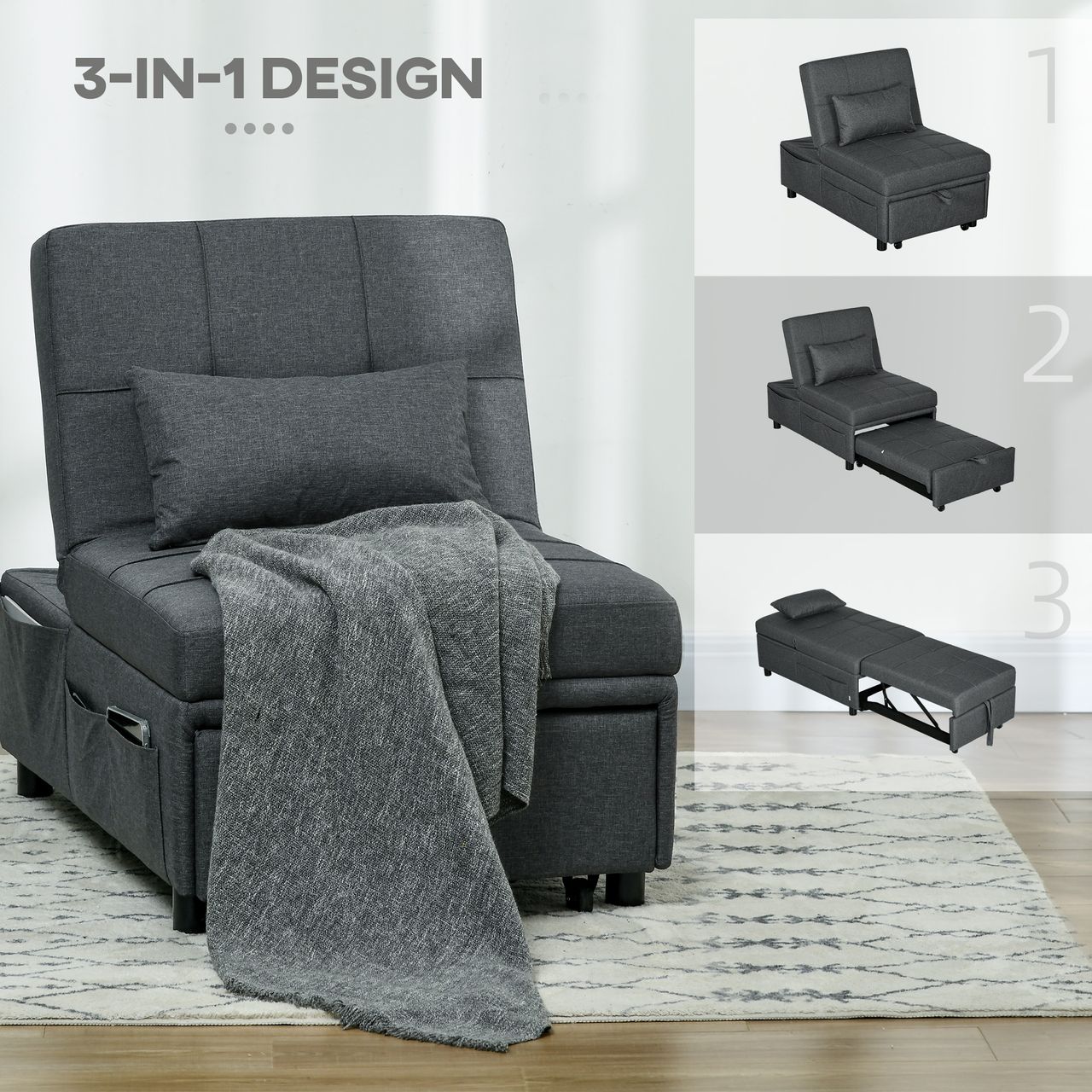 HOMCOM Schlafsessel 3 in 1 Bettsessel mit Seitentasche Gästebett mit Kissen
