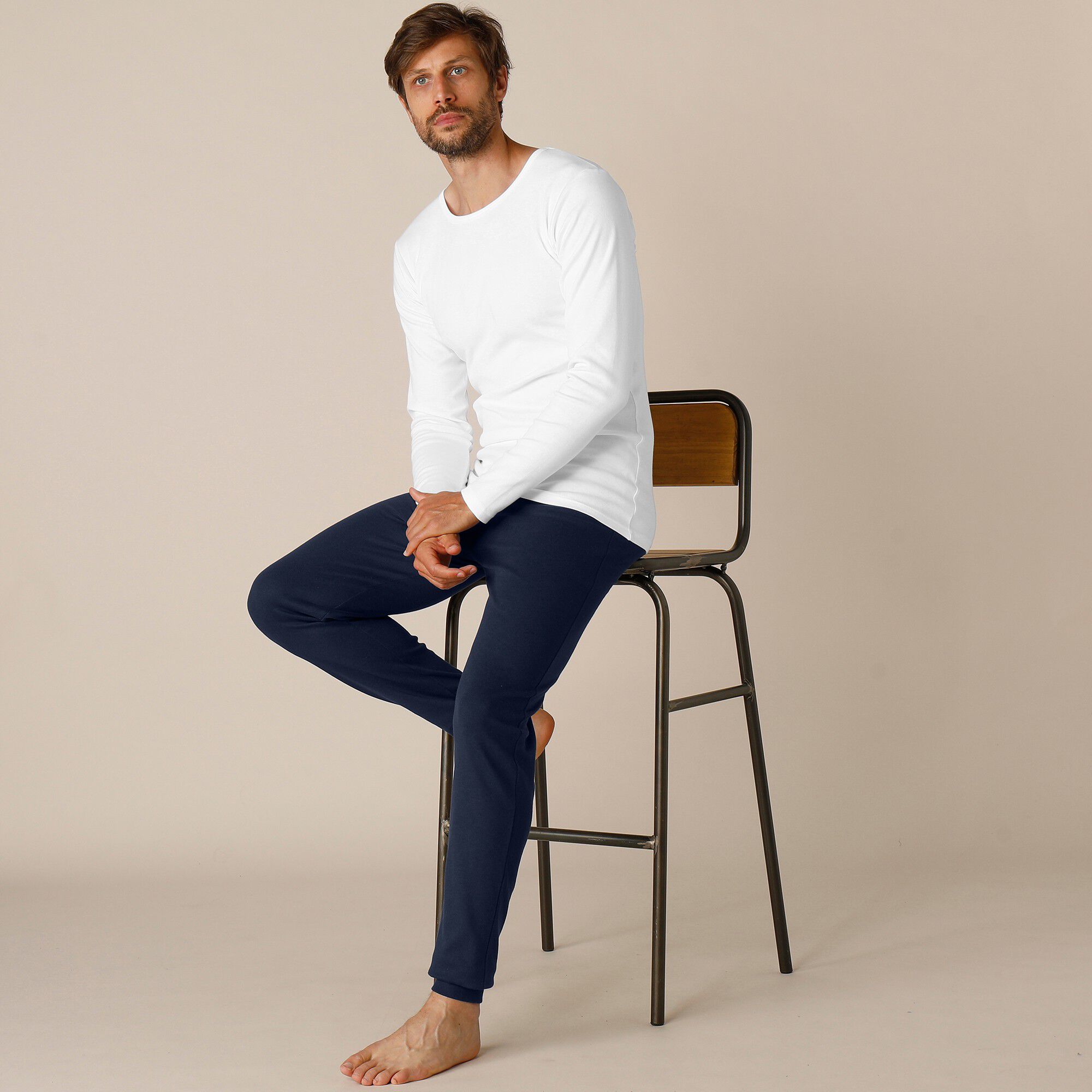 Tee-shirt sous-vêtement homme col rond manches longues dos long coton