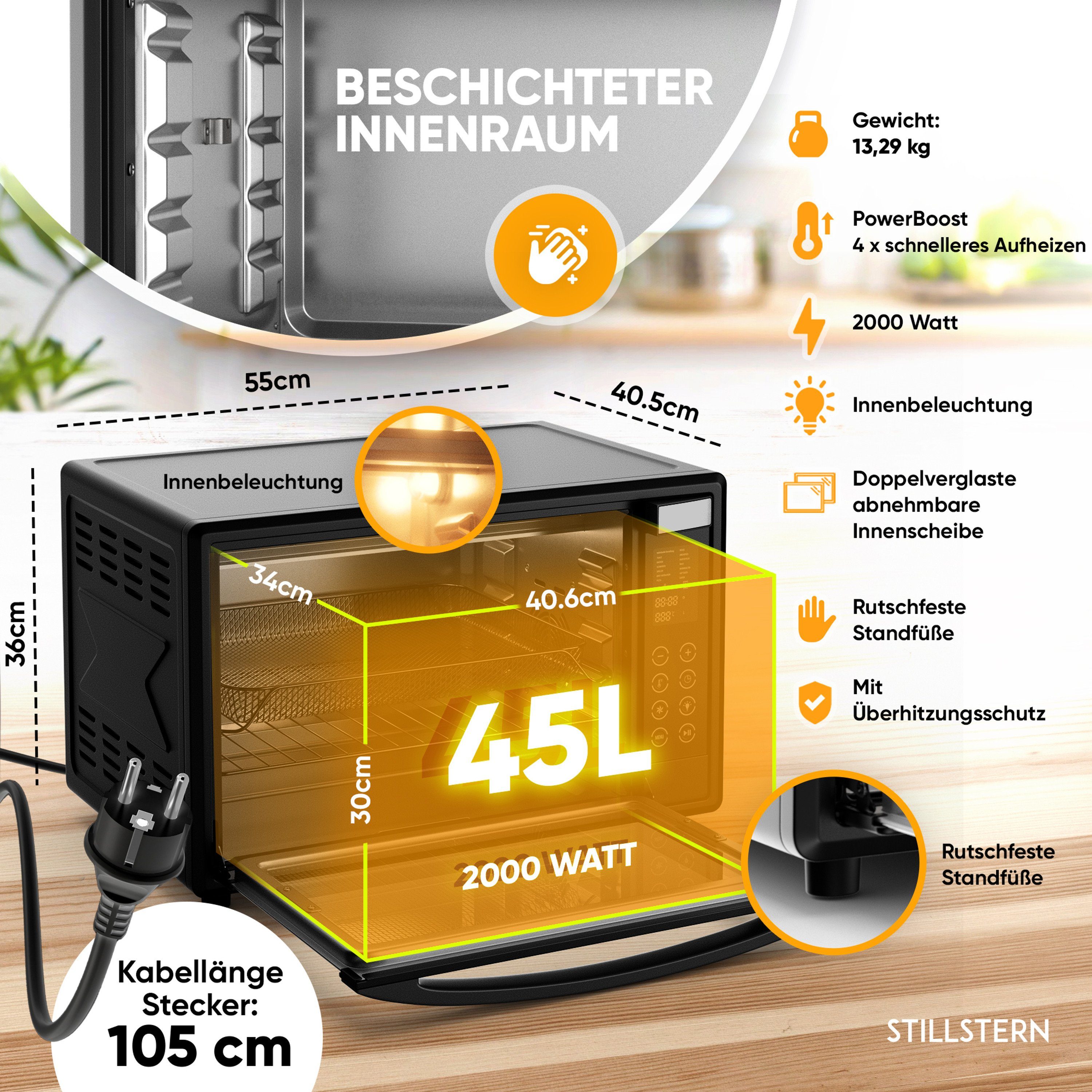 Stillstern Minibackofen MB45-LED 2G (45L) Deutsche Version, Ofenhandschuhe, Rezeptheft, Drehspieß, Timer, Innenbeleuchtung