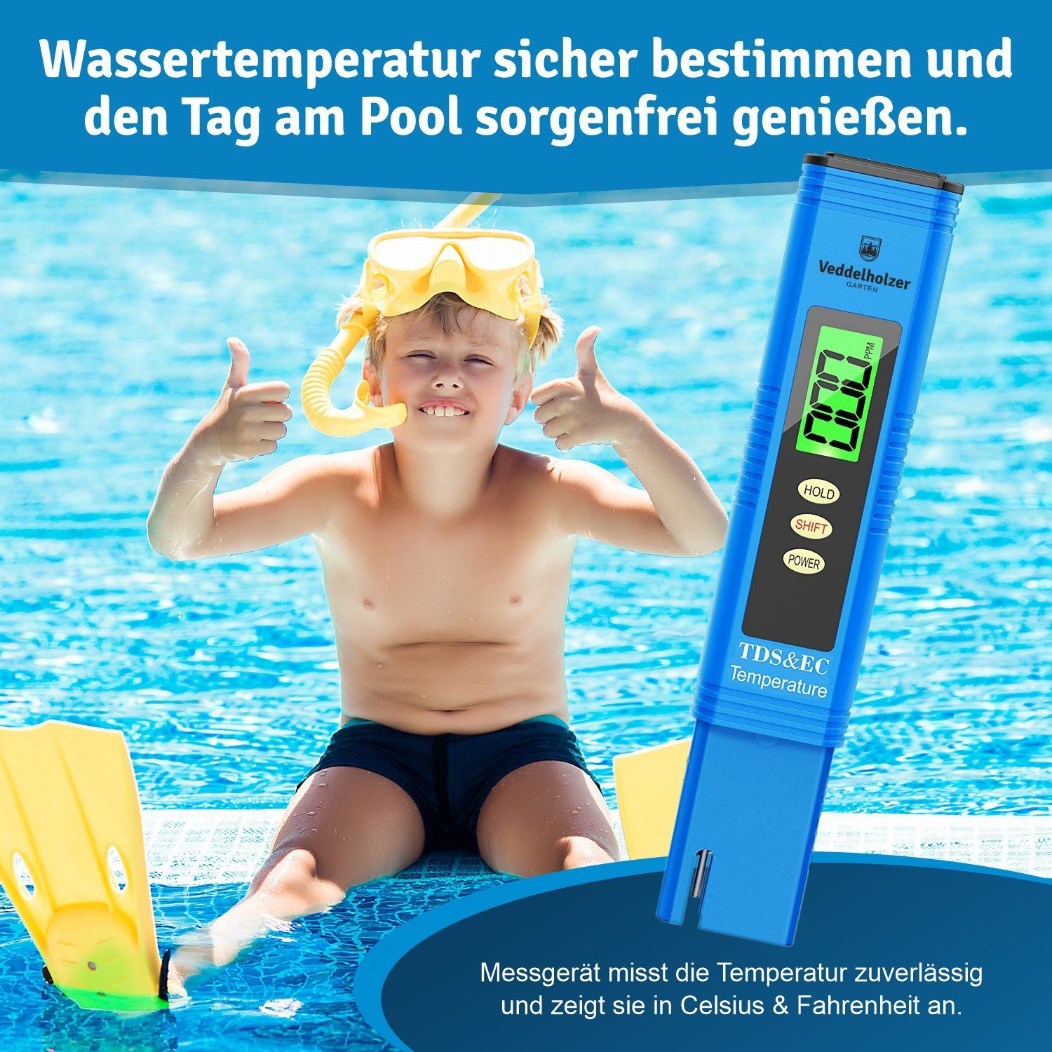 Veddelholzer Garten Pooltester pH Wert Messgerät pool Thermometer pH TDS EC und Temperatur 4 in 1 Set