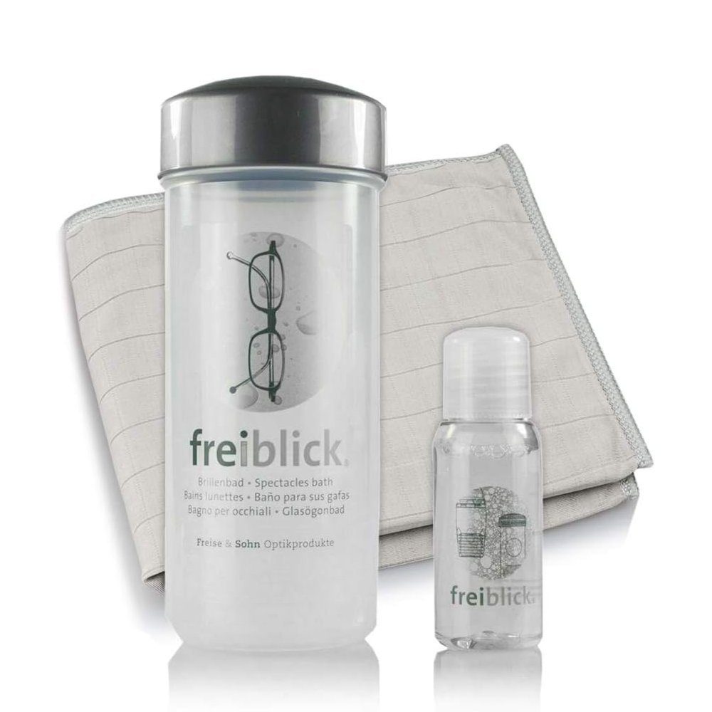 Freiblick Brillenbad Set inkl. 50ml Konzentrat & Mikrofasertuch, Reinigungskonzentrat (im Set mit 50ml Spezialreiniger & Mikrofasertuch 40x40 cm)