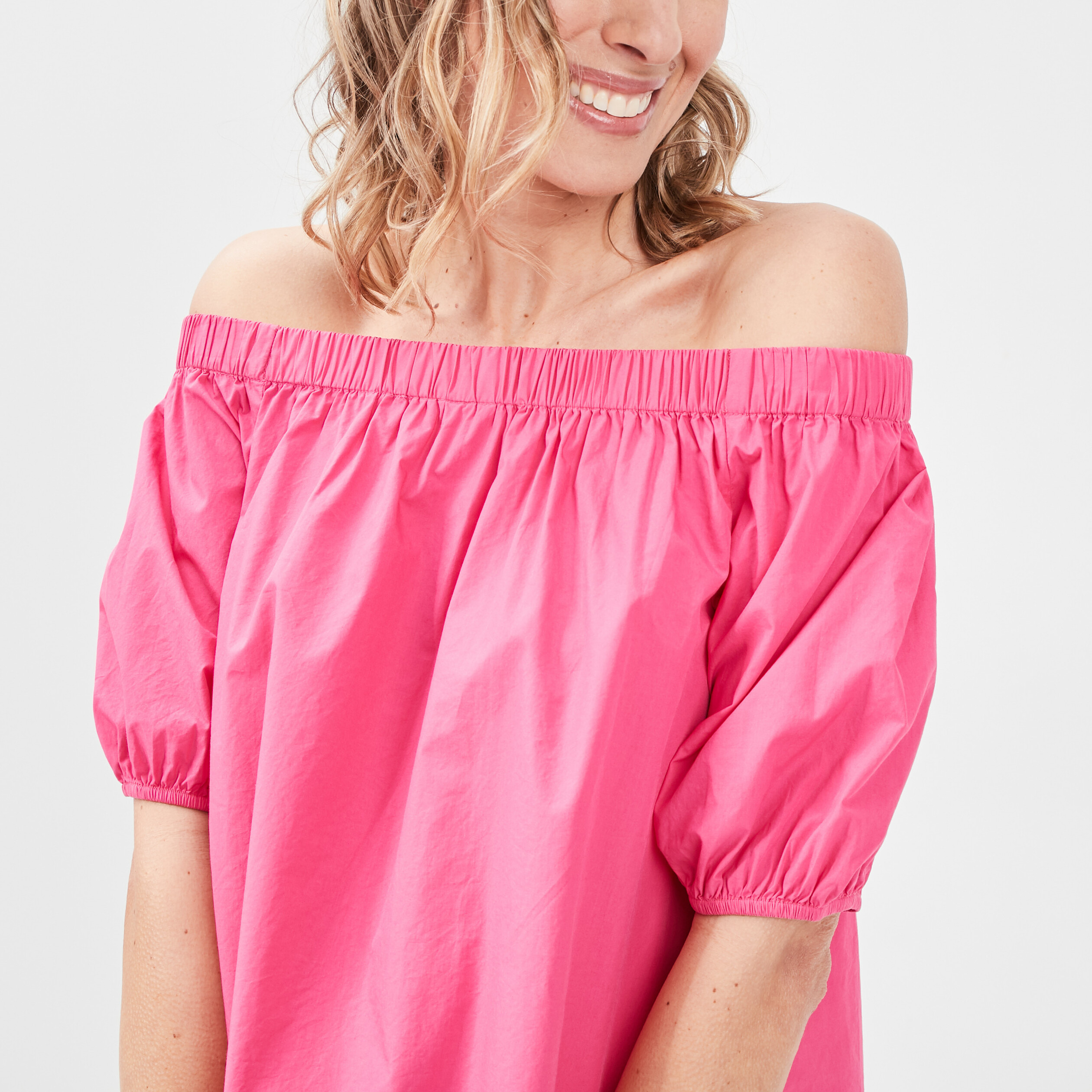 Blouse col bardot manches 3 4 rose fushia femme | La Halle