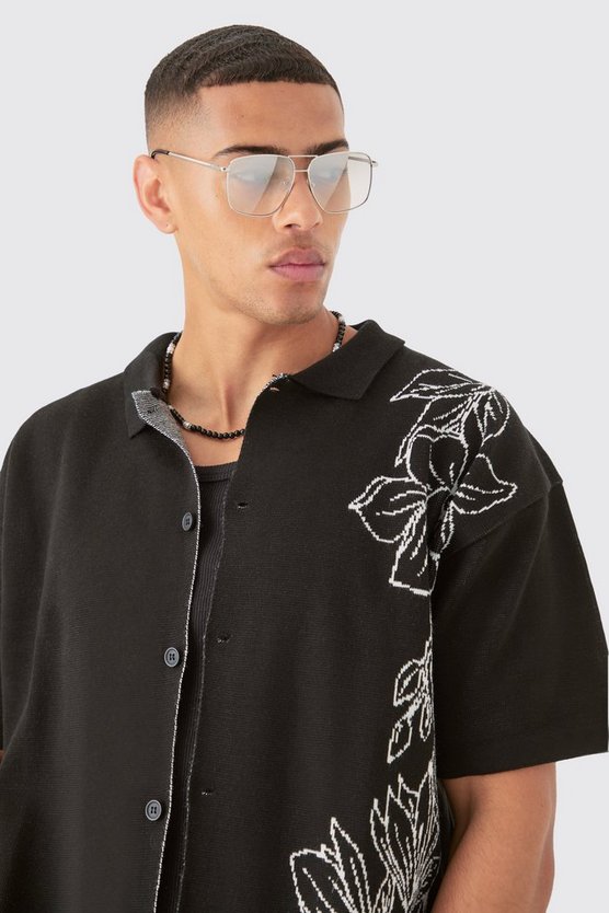 Kastiges florales Jacquard-Hemd in Schwarz