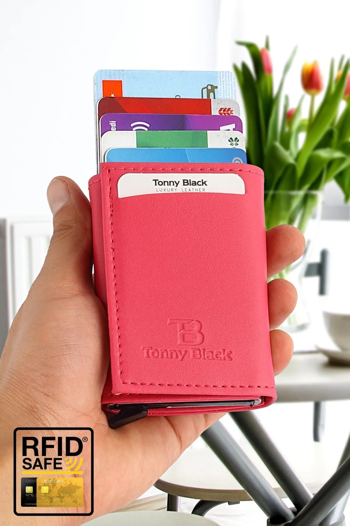 Tonny Black  Originale RFID-Schutz-Geldbörse mit Automatikmechanismus und Diebstahlschutz, mit Geld- und Kartenhalter
