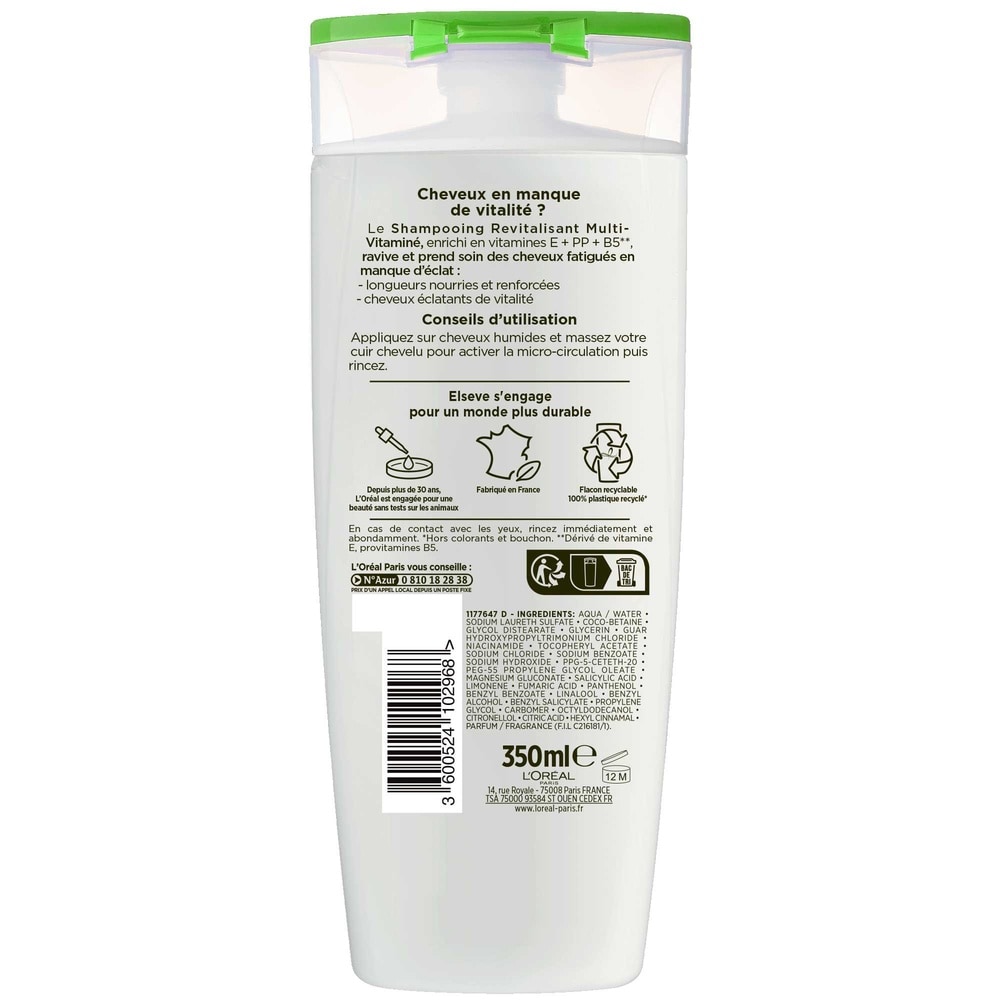 L'Oréal Paris Elseve Multi-Vitaminé Shampooing Cheveux Normaux 350ml Shampoing cheveux normaux