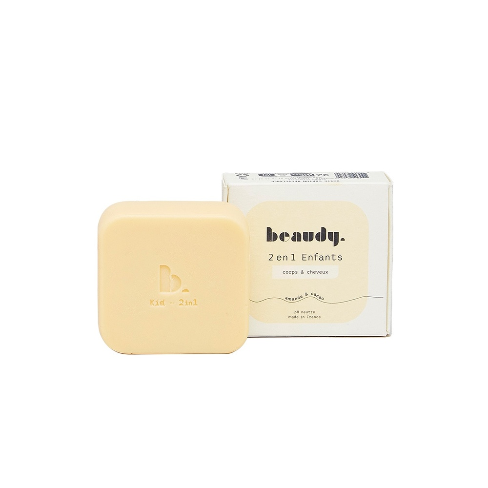 beaudy 2en1 Enfant Solide - Corps & Cheveux - Huiles d'Amande & Beurre de Cacao - 125g Nettoyant enfant