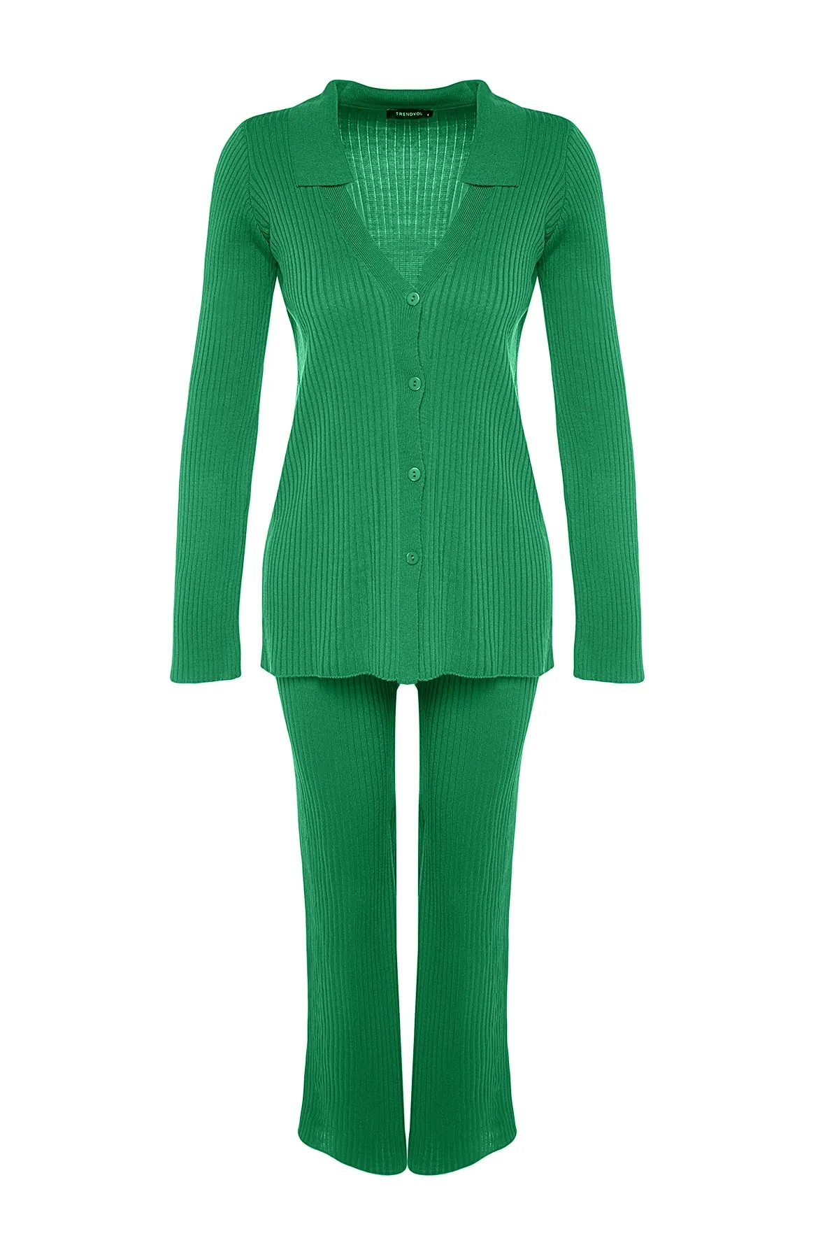 Trendyol Collection  Smaragdgrünes Basic-Set aus Strickoberteil und -unterteil mit Polokragen TWOAW23AU00007
