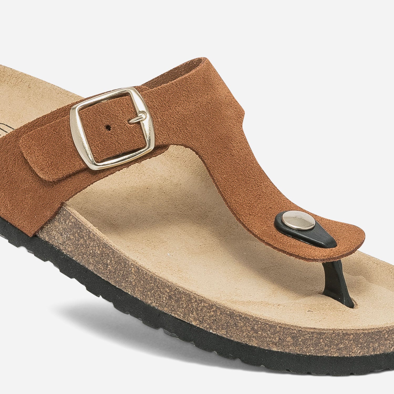 Mule-tong anatomique camel foncé en cuir velours