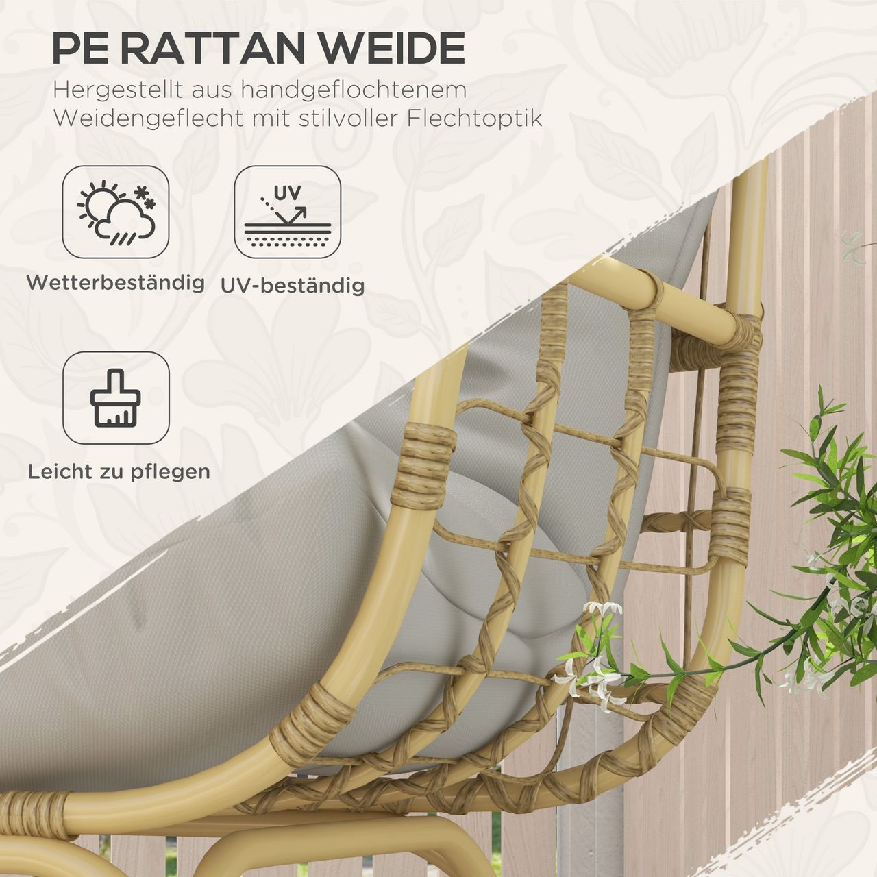 Outsunny Gartensofa 2 Sitzer Rattansofa mit Armlehne, Gepolstertem Kissen, Grau