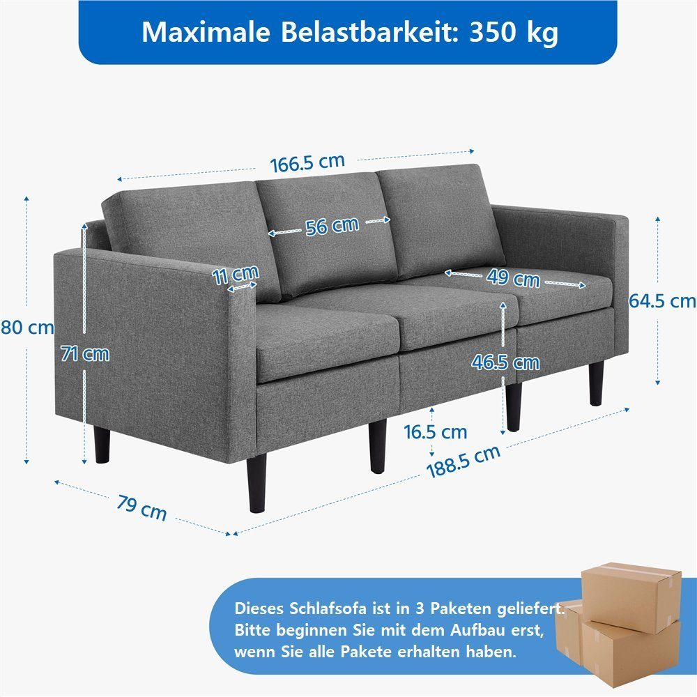 Yaheetech Schlafsofa, 3-Sitzer-Sofa Couch Polstersofa für 3 Personen, max.340 KG belastbar