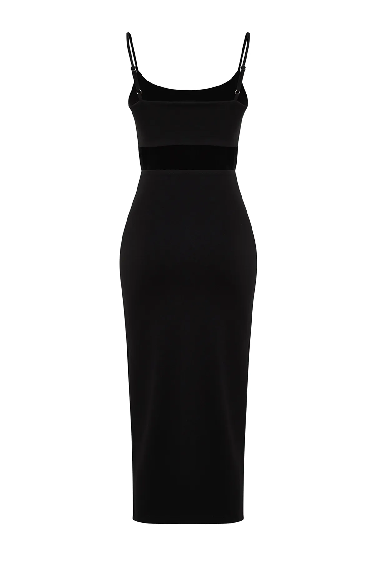 Trendyol Collection  Schwarzes, figurbetontes Midi-Bleistiftkleid aus flexiblem Strick mit Cut-Outs, Schlitzen und Trägern TWOSS24EL00139