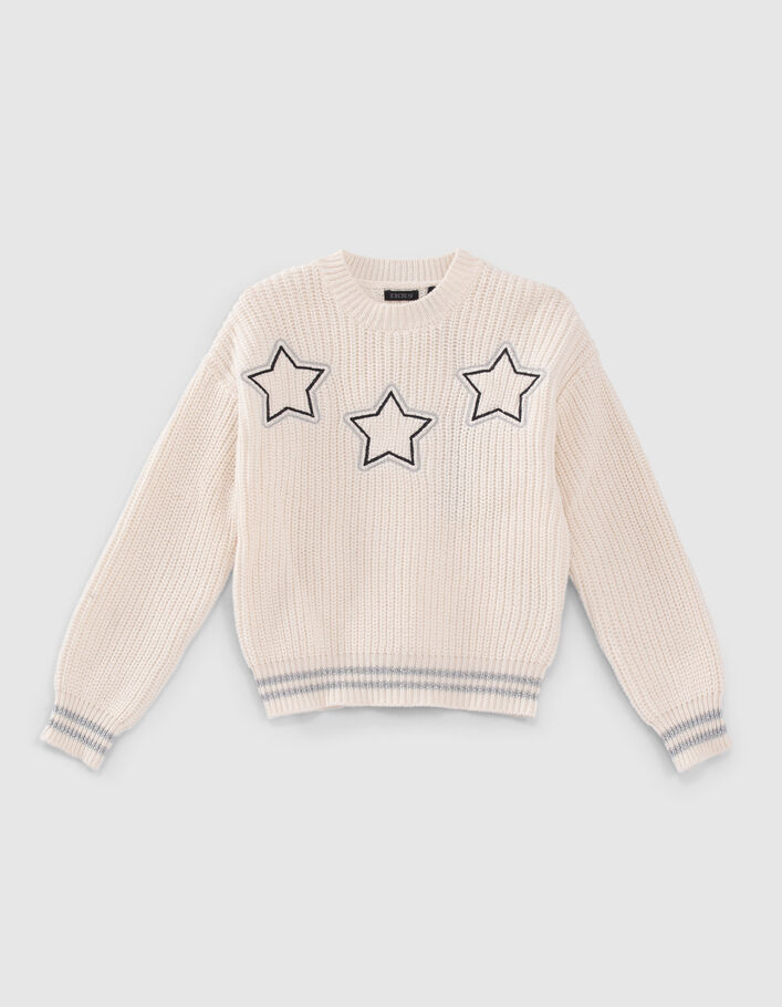 Pull blanc cassé tricot broderies étoiles fille