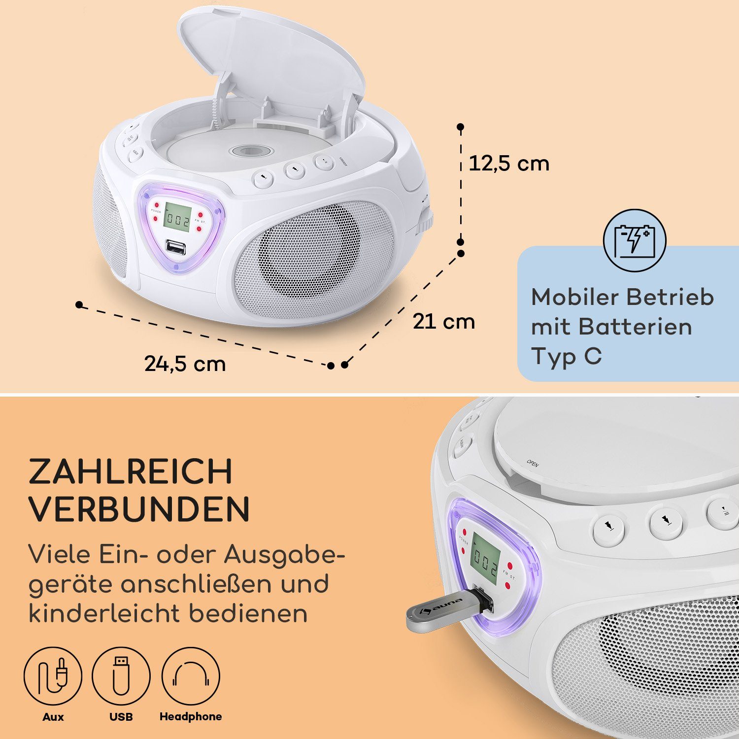 Auna Roadie Radio (FM-Radio, Kinder CD Player tragbar Musikbox Bluetooth CD Spieler Radio Soundbox)