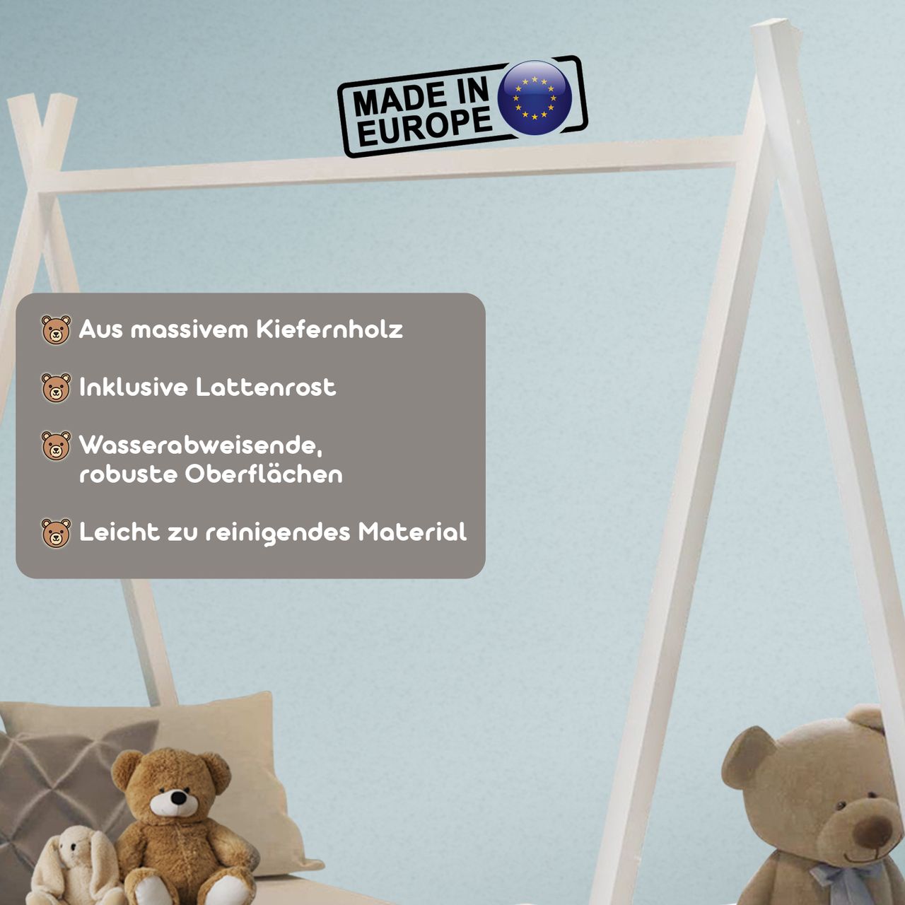 Coemo Hausbett CAMP 80x160 cm Zeltbett mit Lattenrost Kinderbett Holz Spielbett