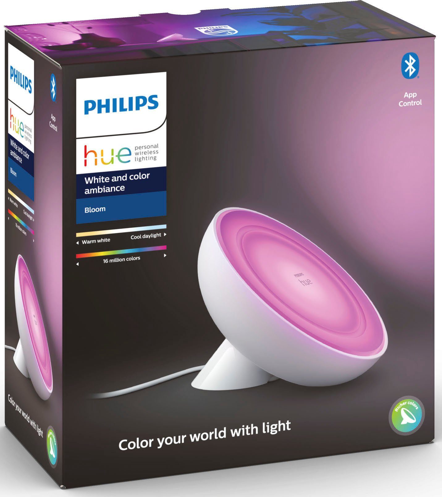 Philips Hue LED Tischleuchte Bloom, Bluetooth, Dimmfunktion, Ein-/Ausschalter, Farbsteuerung, Smart Home, LED fest integriert, Farbwechsler, Kaltweiß, Neutralweiß, Warmweiß, LED Tischleuchte, weiß, 500 Lumen