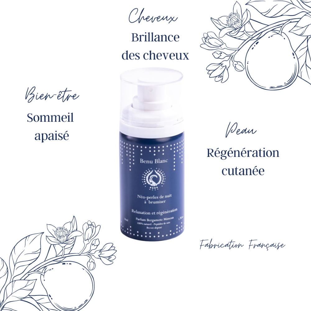 benu blanc Bergamote Mimosa Brume de soins 100% naturelle à vaporiser sur l'oreiller