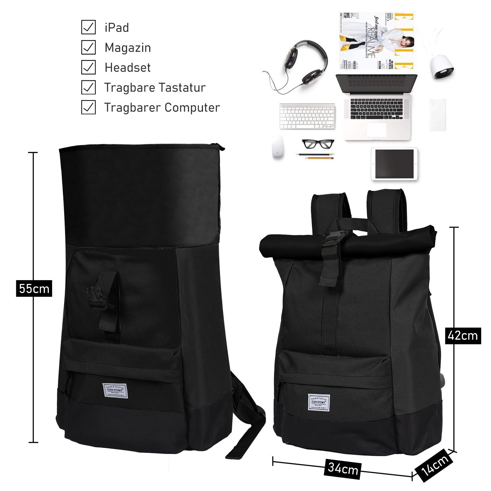 TAN.TOMI Freizeitrucksack Arbeitsrucksack Groß Damen lässiger Rolltop Rucksack Herren Backpack, mit Laptopfach bis 15,6 zoll, Modern Rolltop Daypack
