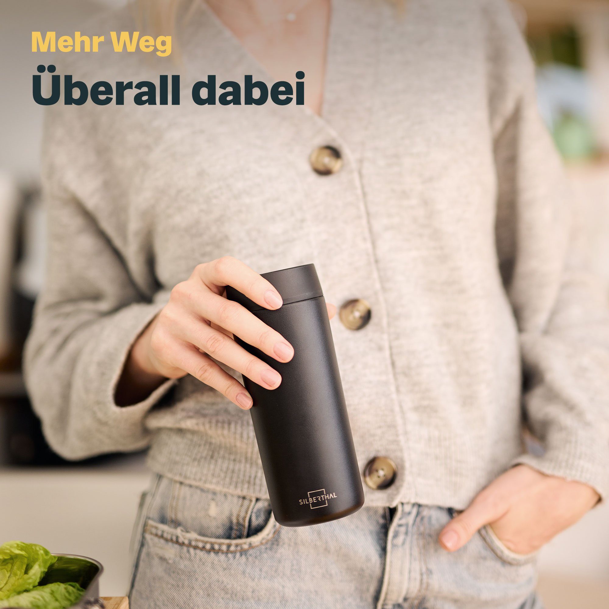 SILBERTHAL Thermobecher Kaffee to go 350 ml, Edelstahl, 6h heiß & 12h kühl, feine Keramik im Innern