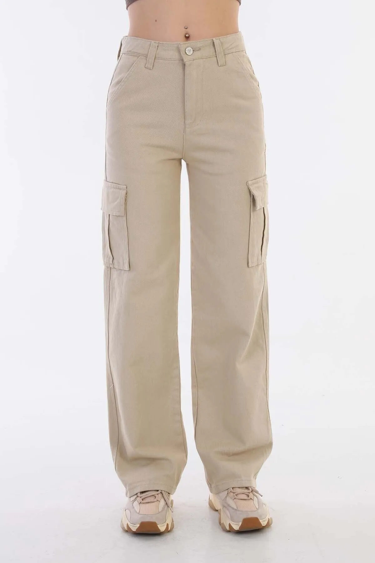 BİKELİFE  Beigefarbene Cargohose mit hoher Taille und weitem Bein für Damen
