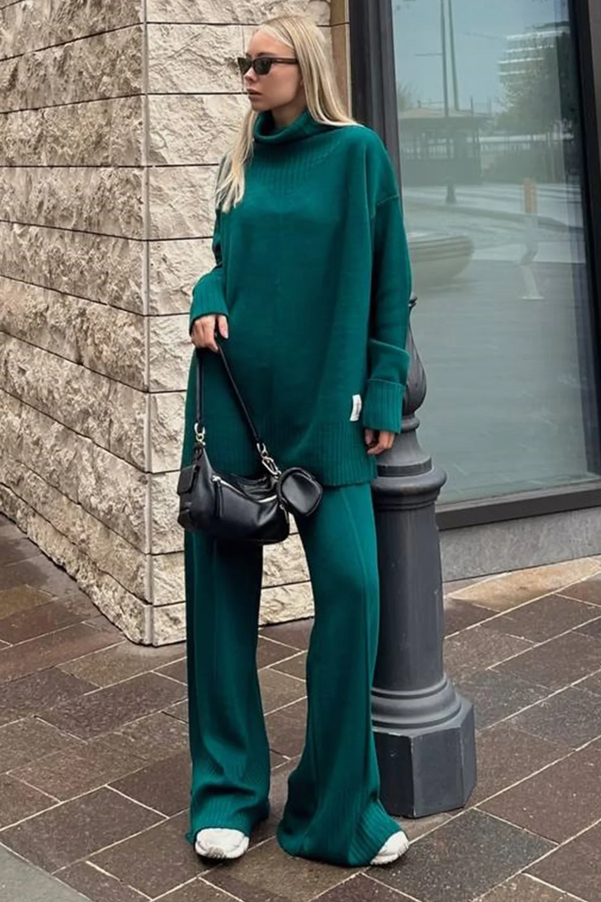 lovebox  Rollkragenpullover in Übergröße, grüner Langarmpullover und grüner Strickhosenanzug mit hoher Taille 003