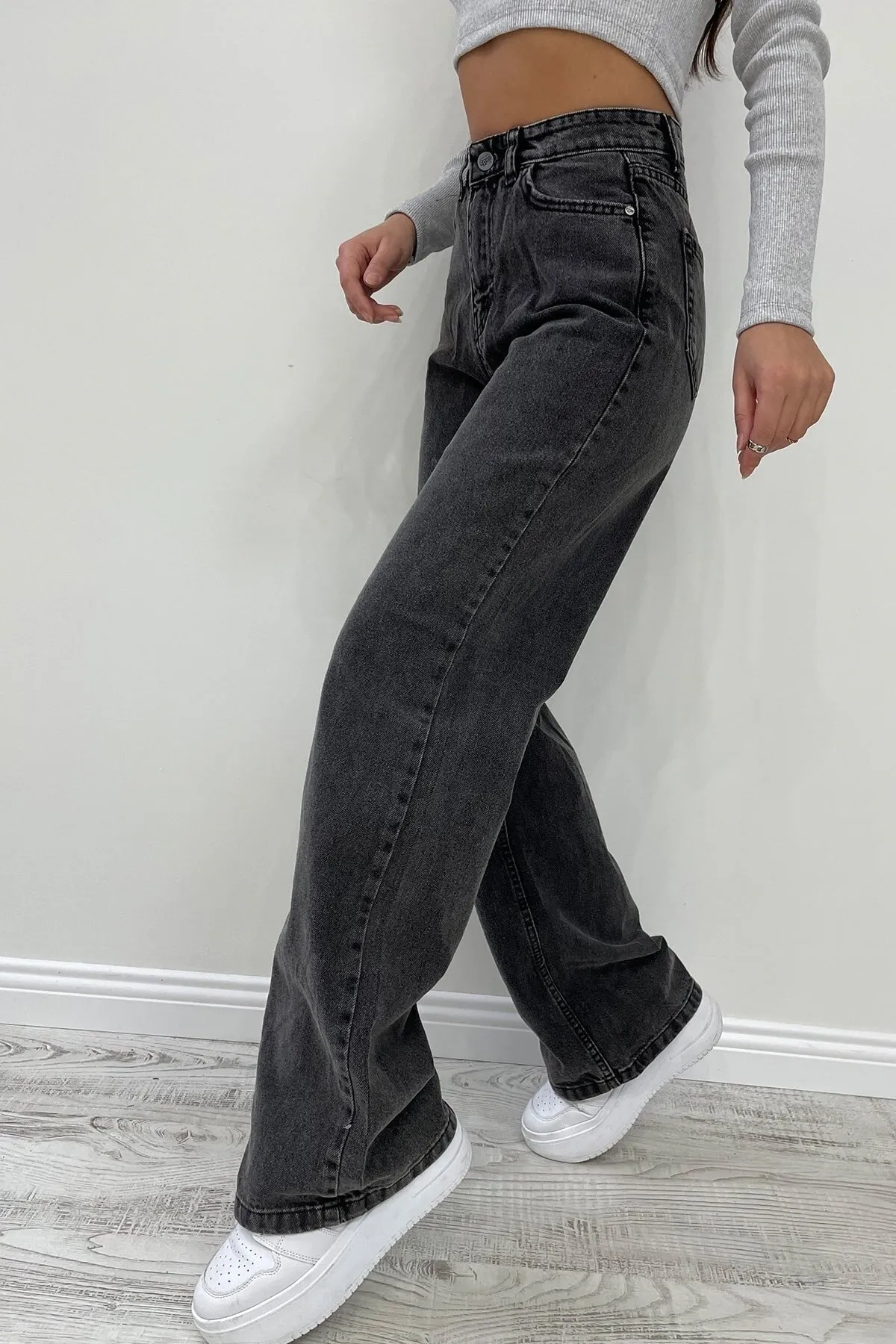 Trn JNS  Hooden Lycra Damen-Jeans, geräuchert, Snow Wash, superhohe Taille, lockeres Bein, Denim-Jeans, lockere Hose