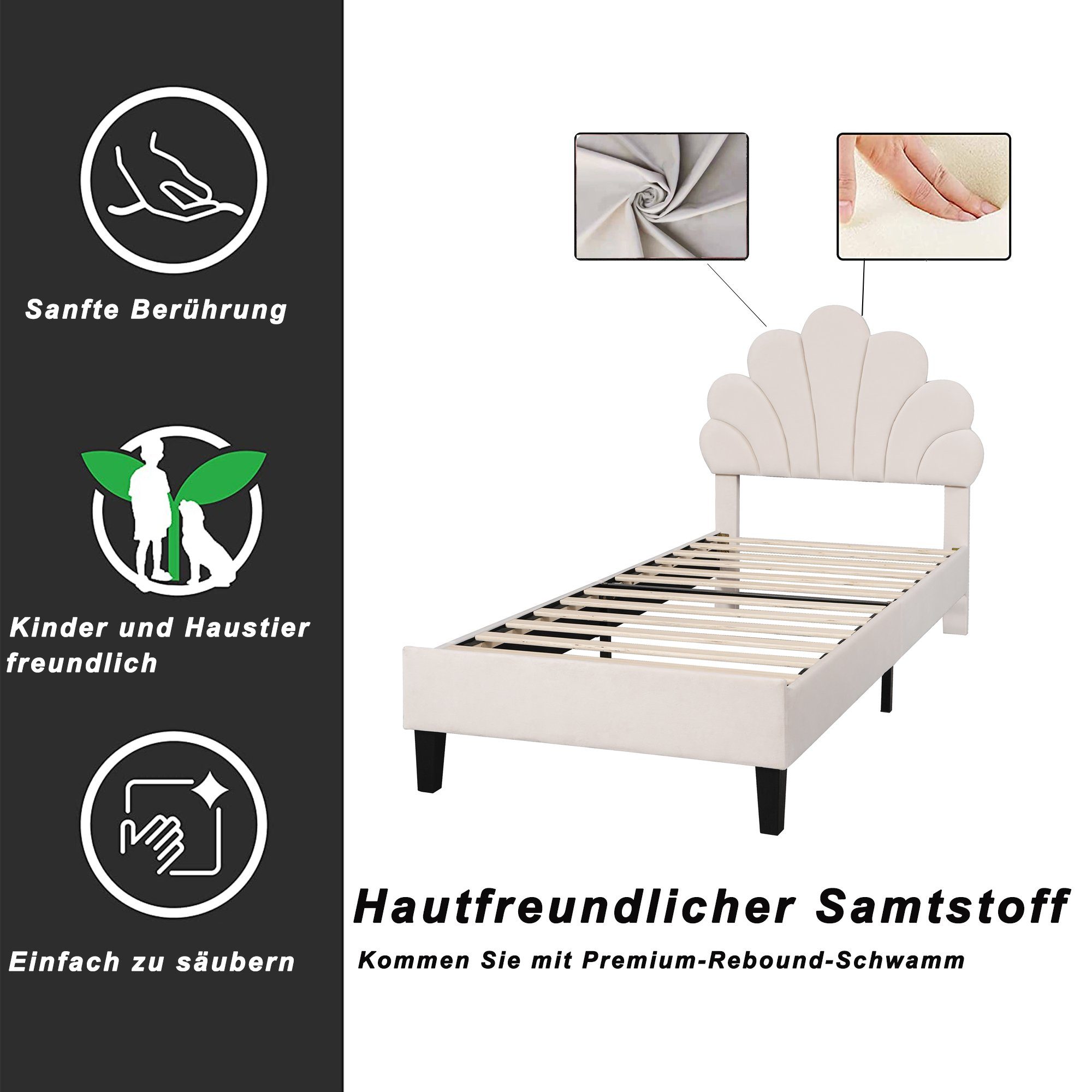 Flieks Polsterbett, Einzelbett Kinderbett Blumenform-Kopfteil Samt 90x200cm