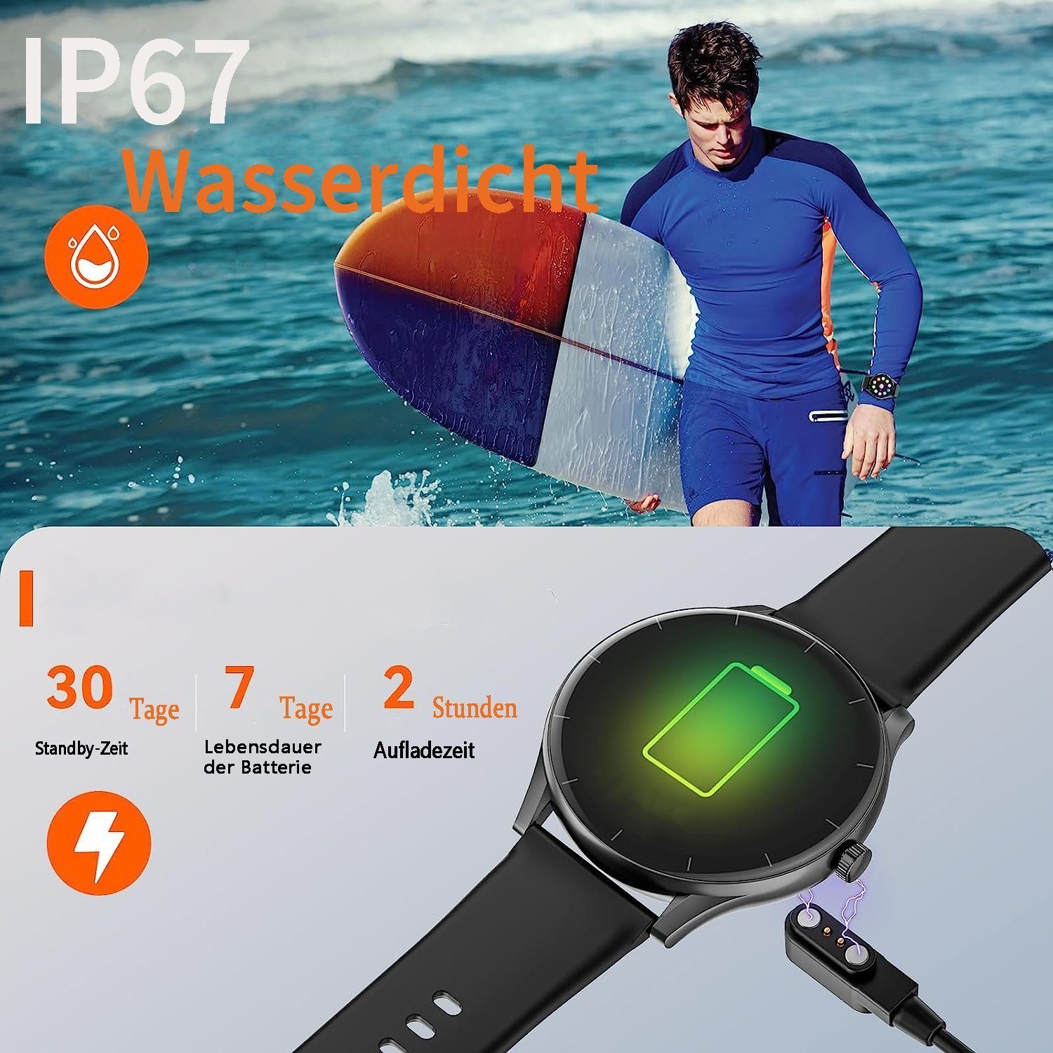Mutoy Smartwatch,Blutzucker Smartwatch,Smartwatch Damen Herren Smartwatch (1,43 HD Voll Touchscreen Zoll) IP67 Wasserdicht Fitness Tracker mit Schrittzähler Pulsuhr Blutzucker Sauerstoff Messgerät,Schlaf-Monitor, SpO2,100+ Sportmodi Outdoor Fitness T