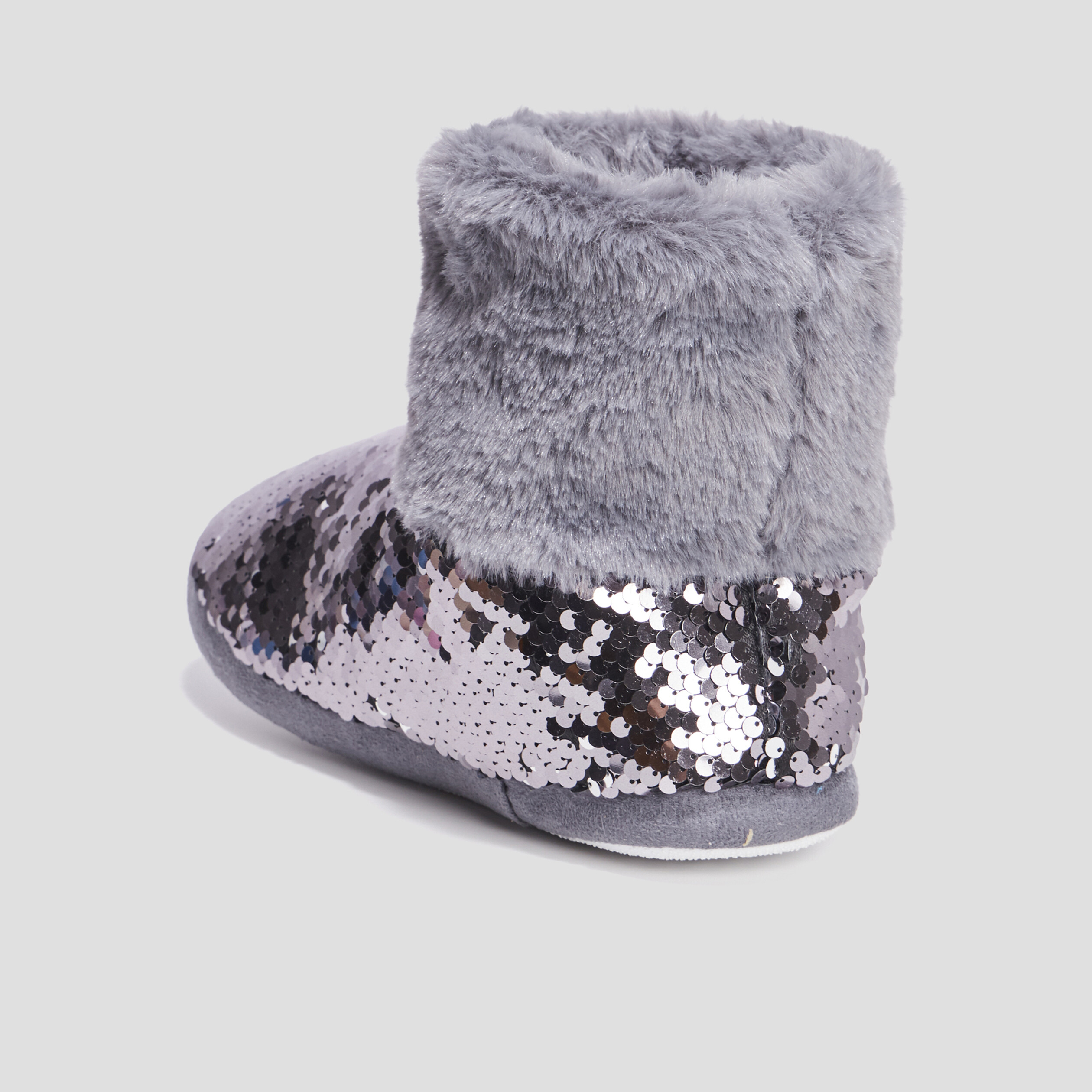 Chaussons bottines sequins et fourrure gris femme | La Halle