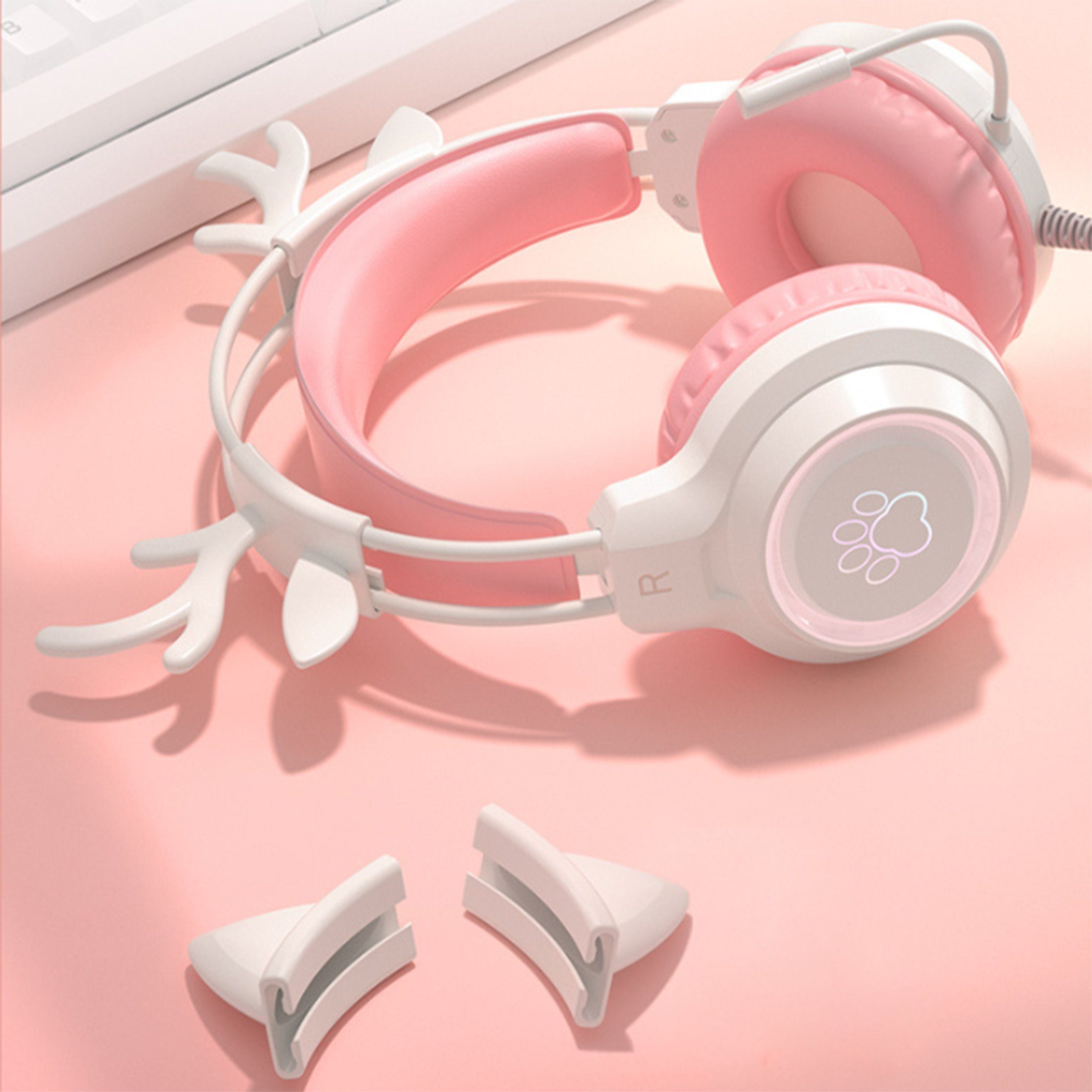 Diida Gaming-Headsets,Kopfhörer mit Geräuschunterdrückung für Katzenohren Gaming-Headset (Stereo, Abnehmbare Katzenohren, Klappbar)