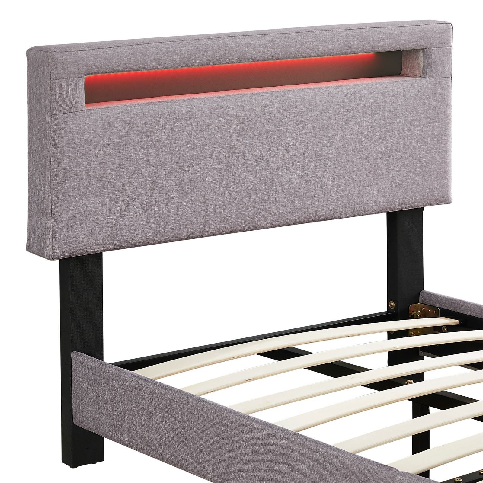 CARO-Möbel Polsterbett GLACE, Polsterbett 90x200 cm mit Stoffbezug in grau LED Beleuchtung grau