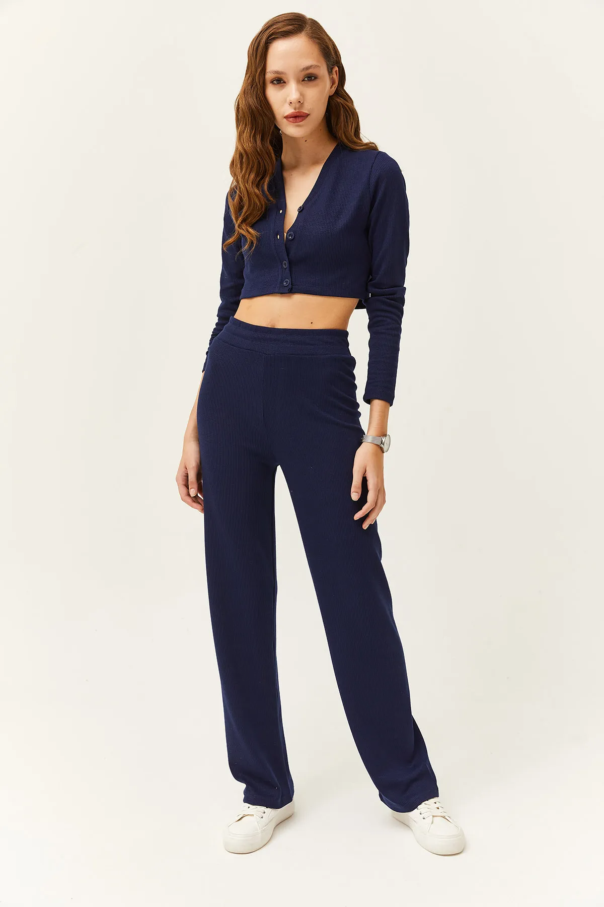 Olalook  Damen Marineblau Cardigan Bottom Top Rippenmuster Team TKM-19000235