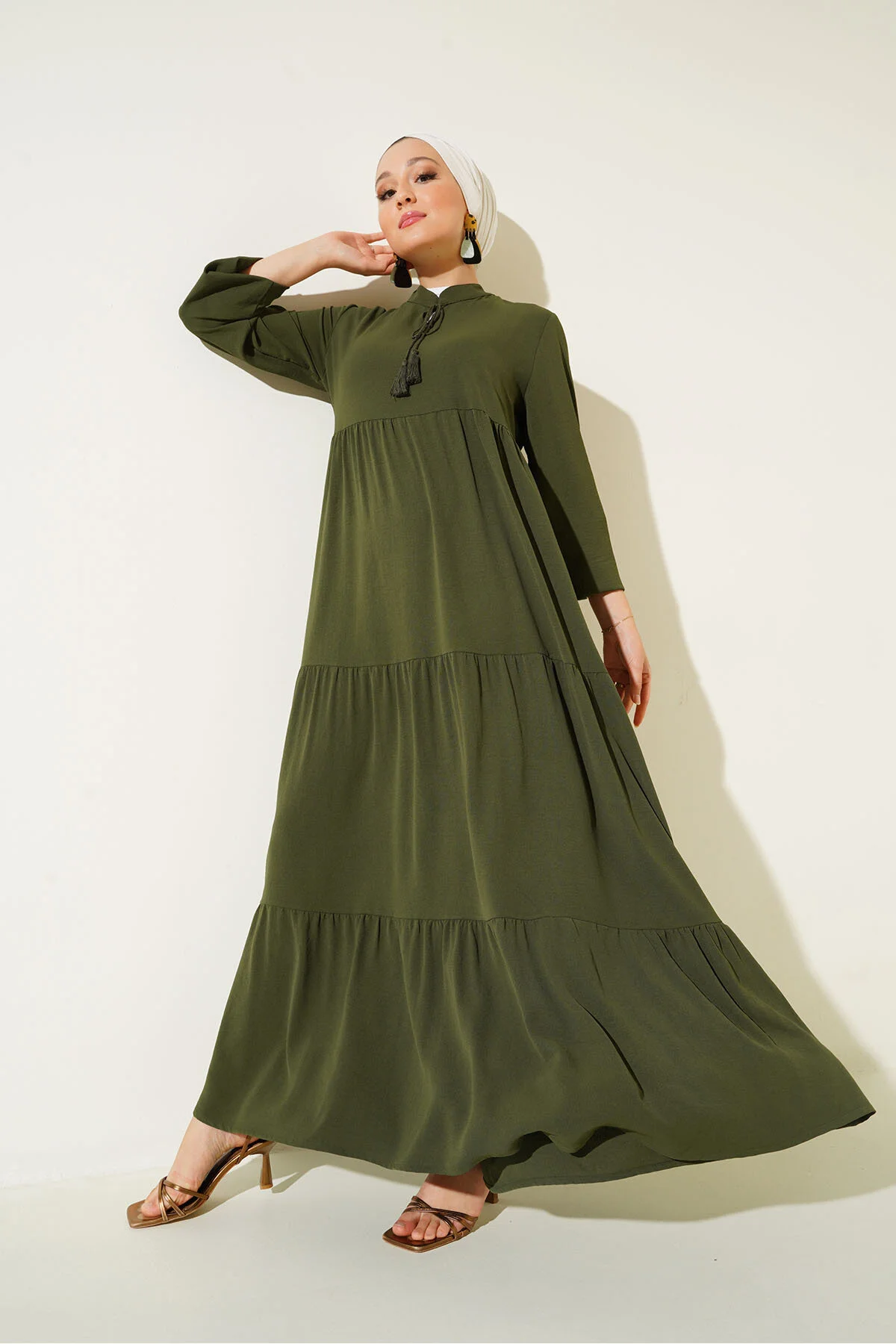 Bigdart  1627 Hijab-Kleid mit Kragen und Schnürung – D.Khaki