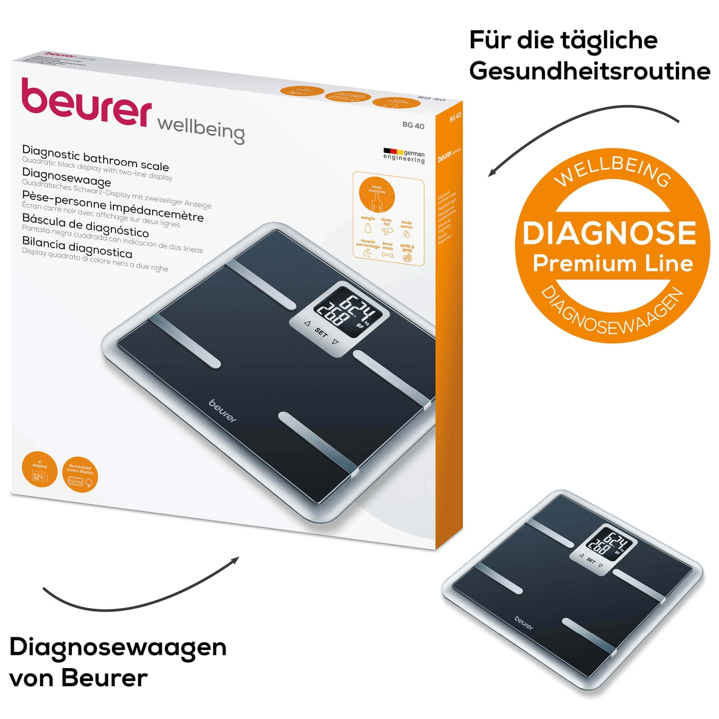 Beurer Diagnosewaage BG 40-Körperanalysewaage mit Ganzkörperanalyse im XL-Format - bis 150 kg