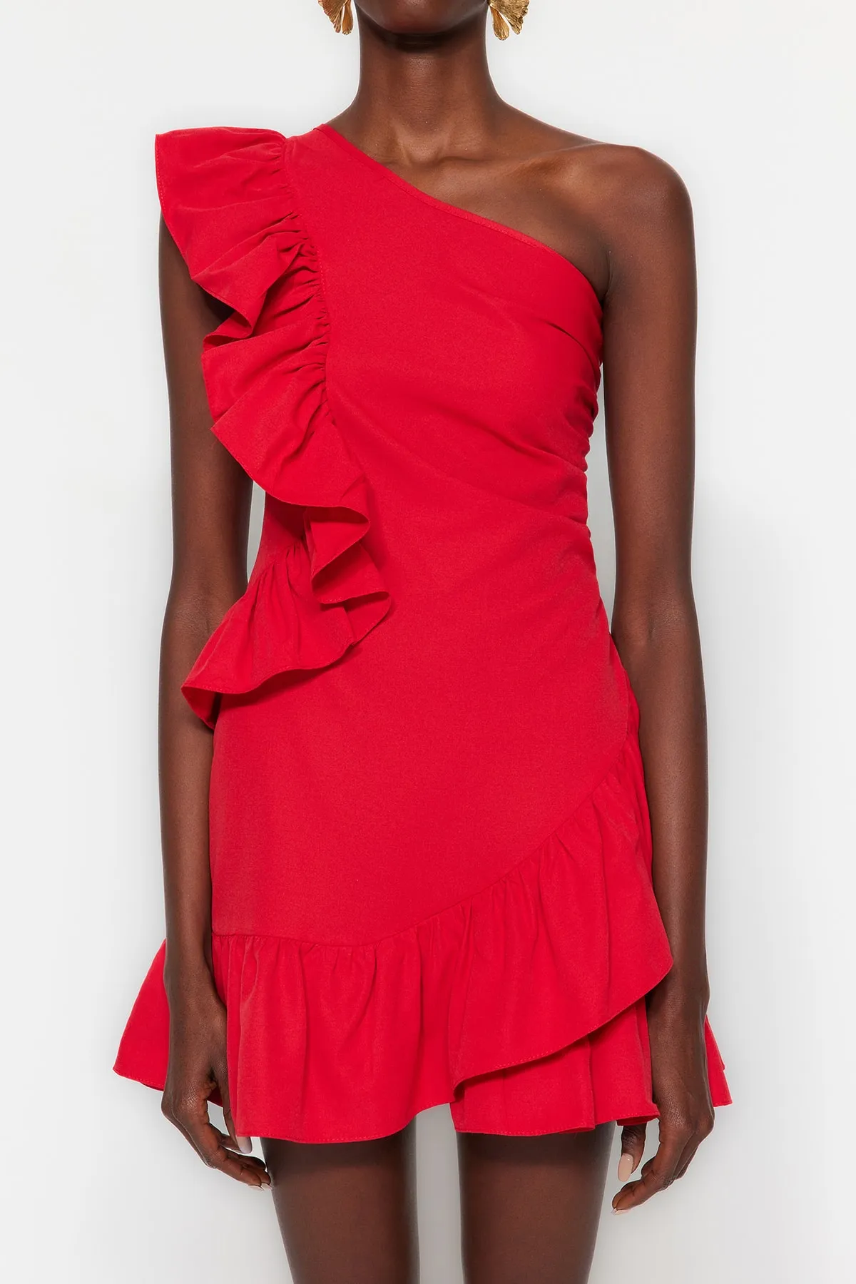 Trendyol Collection  Rotes Popeline-Abendkleid mit offener Taille/Skater-Volant TPRSS23EL00427
