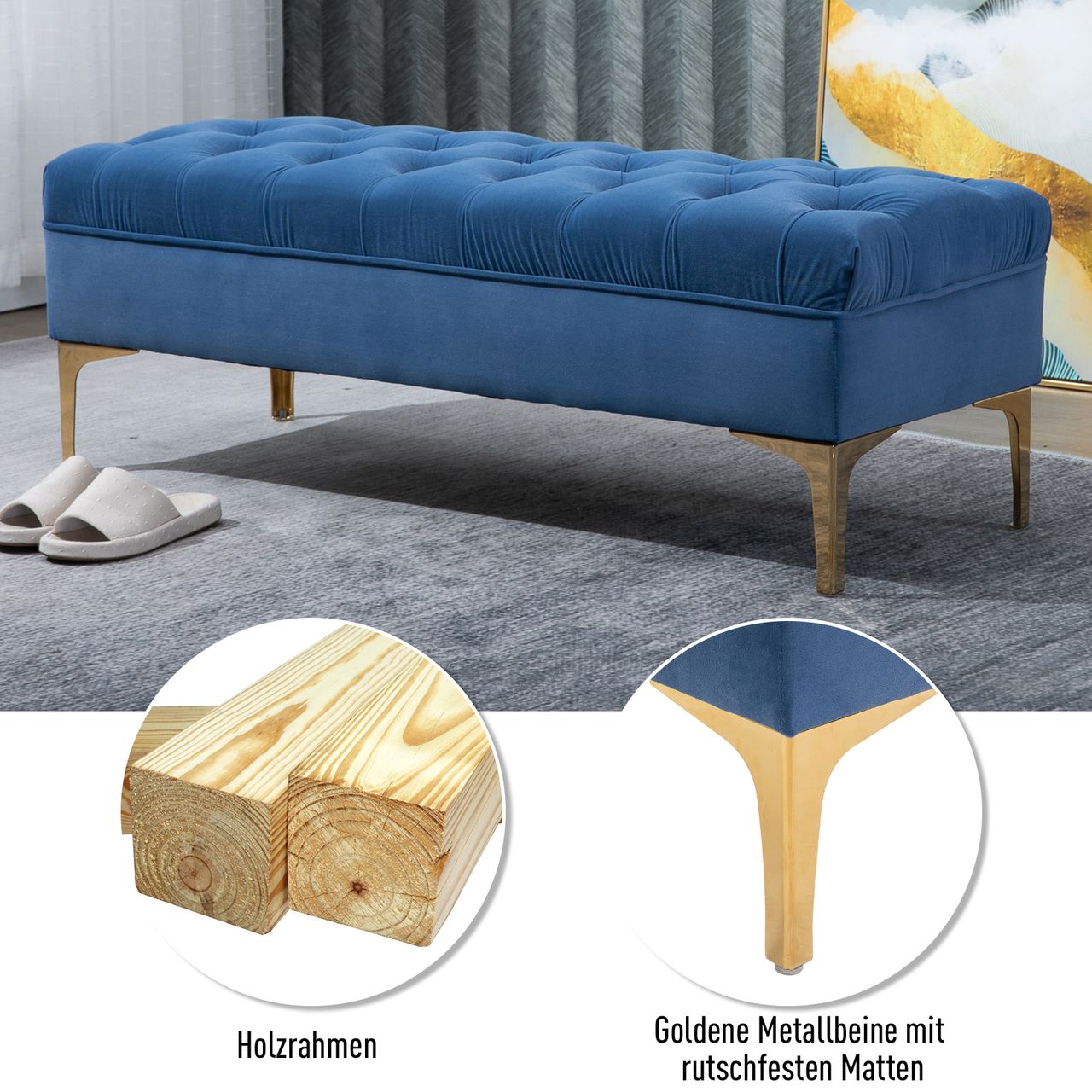 HOMCOM Sitzbank Bettbank Schuhbank mit erhöhten Beine Schlafzimmer Samt Blau