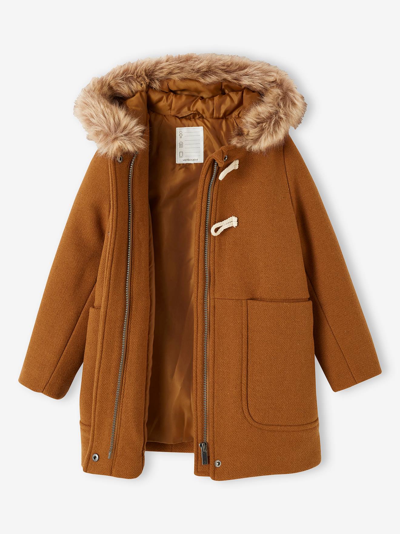 Duffle-coat à capuche en drap de laine fille fermeture par brandebourgs camel