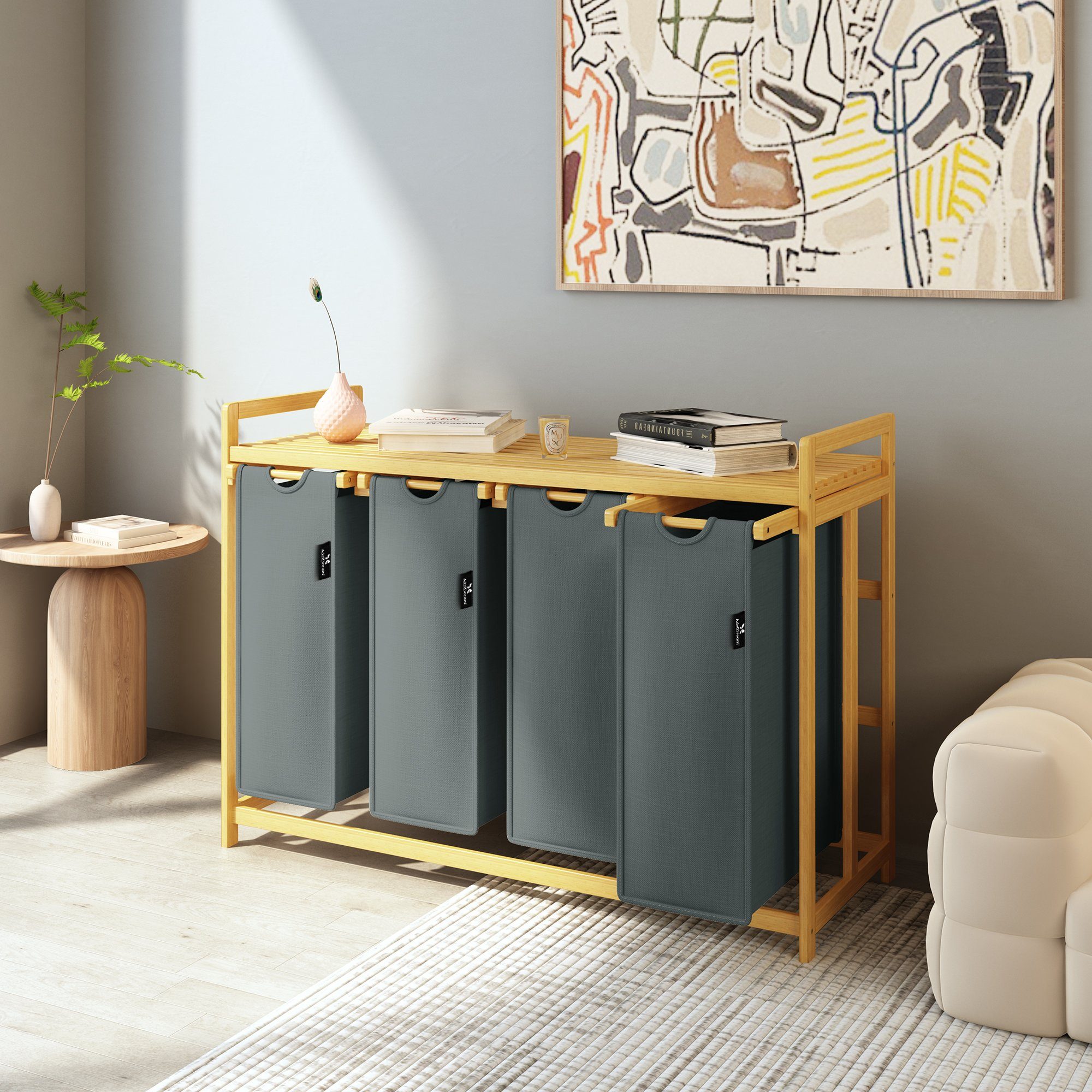 AdelDream Wäschekorb mit Bambusrahmen,200 l, 4 Fächer,Wäschesortierer