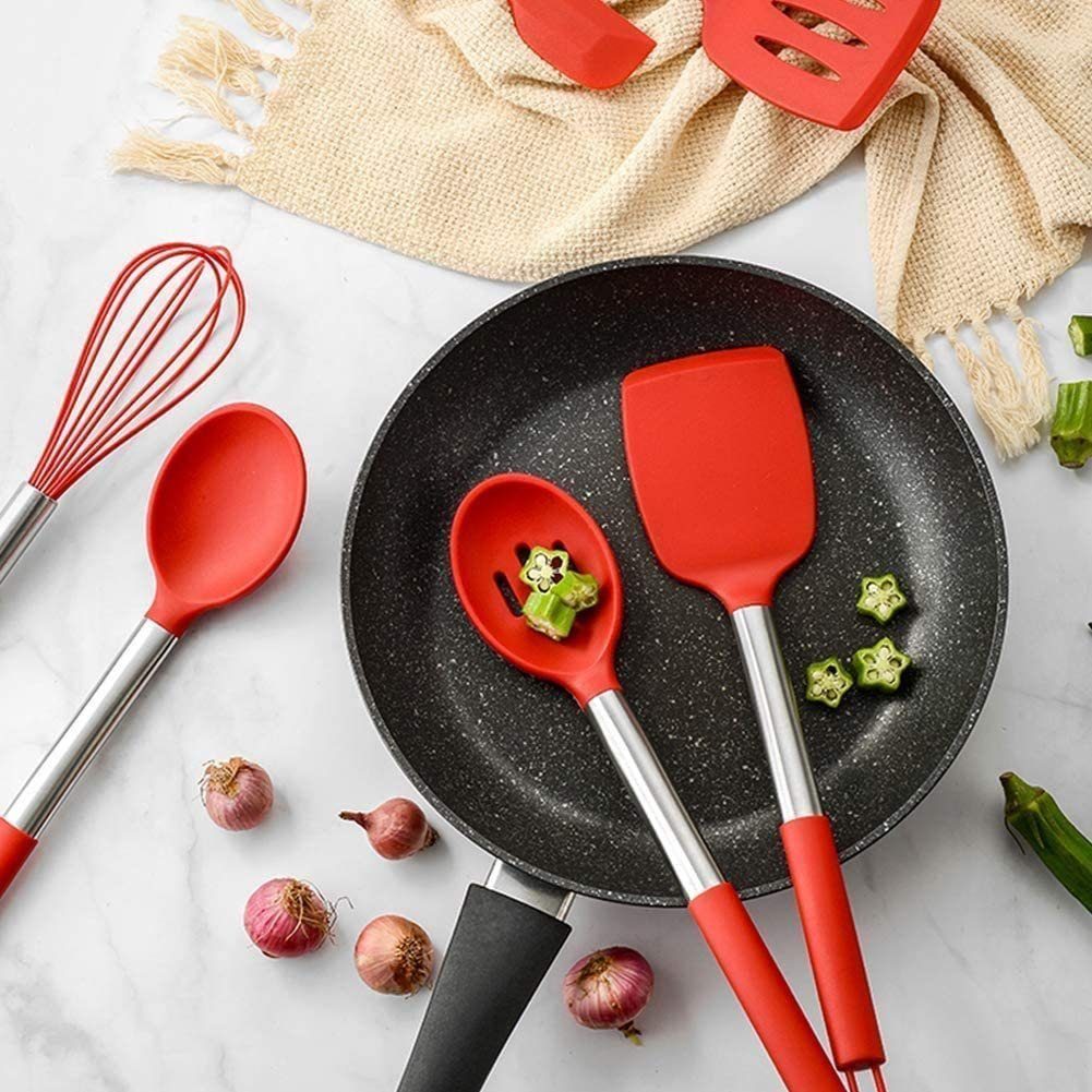 esyBe Kochbesteck-Set Silikon Küchenutensilien Set, Küchenhelfer, Küchengerät, Rot (13-tlg), Antihaftbeschichtet, Hitzebeständig