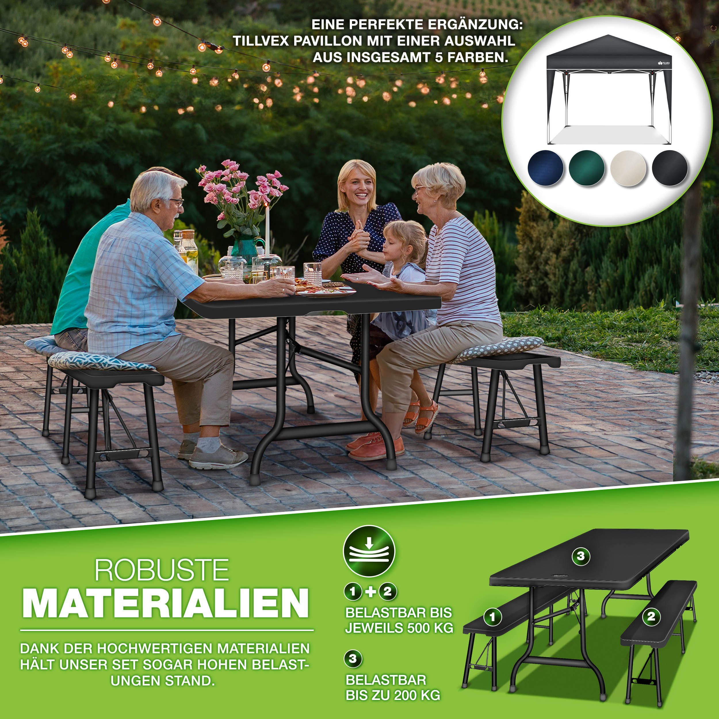 tillvex Bierzeltgarnitur klappbar 3-teilig Set Kunststoff Gartengarnitur wetterfest 180 cm, (Gartenmöbel Set Indoor & Outdoor mit Gartentisch und Bänken, Festzeltgarnitur)