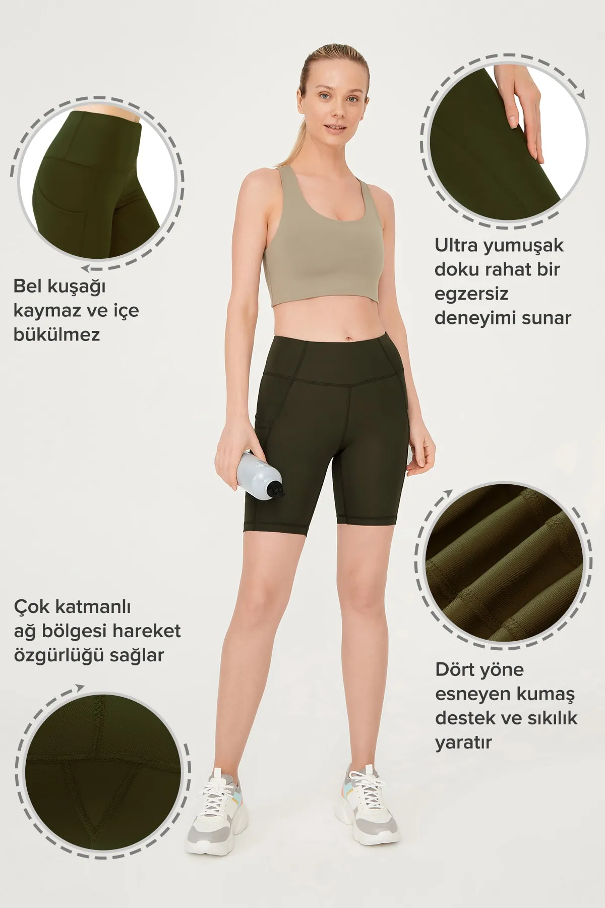 LOS OJOS  Dunkelkhakifarbene, glättende Biker-Shorts mit doppelter Tasche und kurzer Sportstrumpfhose für Damen mit hoher Taille