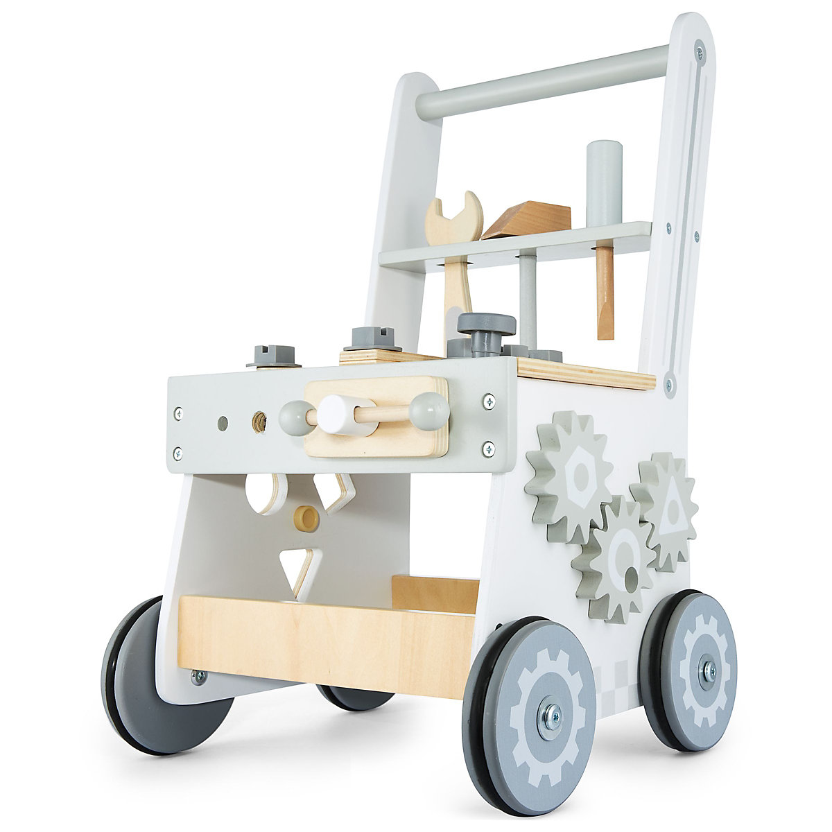 Lauflernwagen aus Holz mit Gummibereifung, Lauflernhilfe-Laufwagen für Kinder, Sortierer, Werkzeugbank für Kinder aus Holz