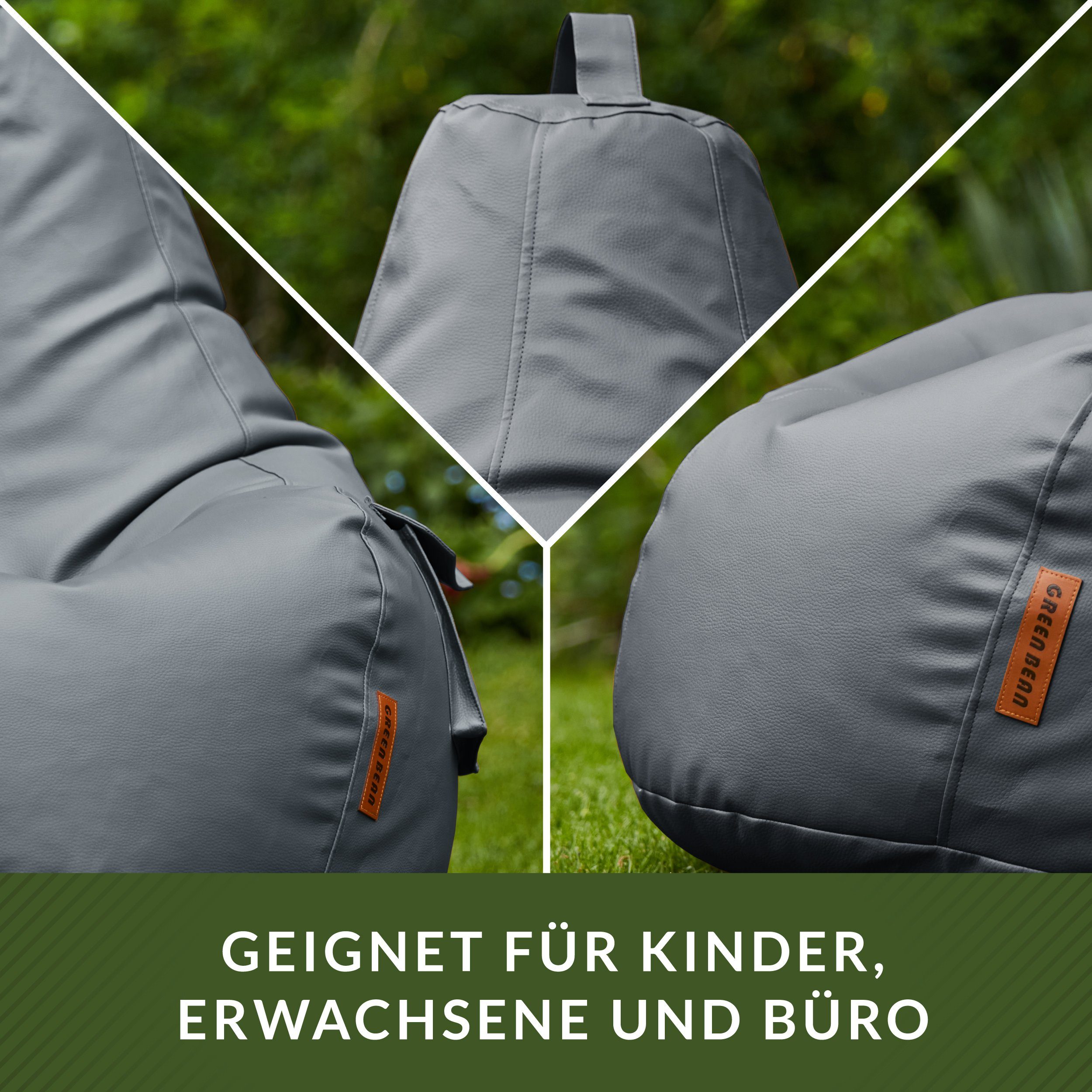Green Bean Sitzsack Gaming mit Rückenlehne inkl. passenden Pouf (aus Kunstleder, Indoor und Outdoor geeignet), Couch Kissen Riesensitzsack Lounge Chair Hocker Bean Bag Kissen