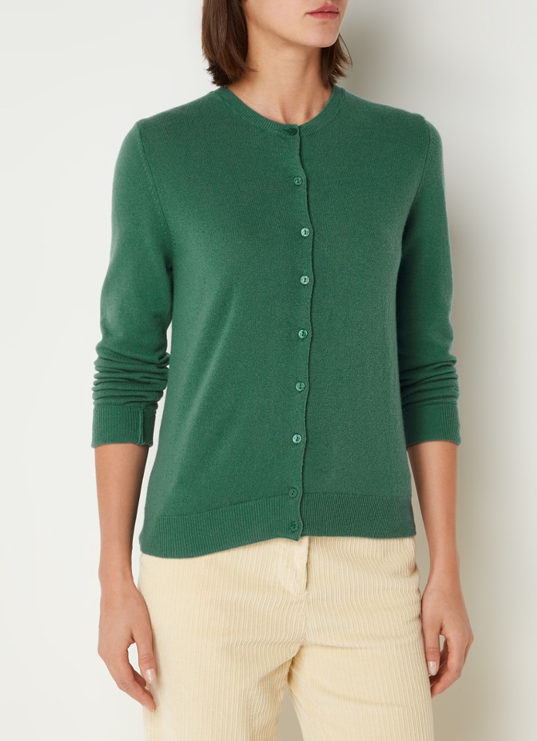 Cardigan Benetton cu guler rotund, confecționat din lână fină.