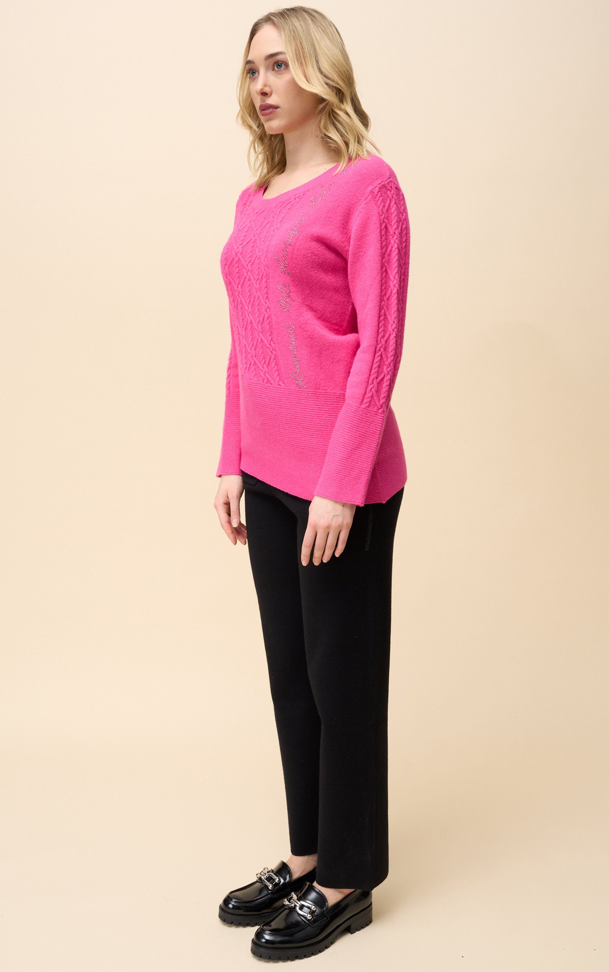 Passioni Strickpullover Pullover Winterpullover mit glitzernden Schriftzug mit verschiedenen Strickarten