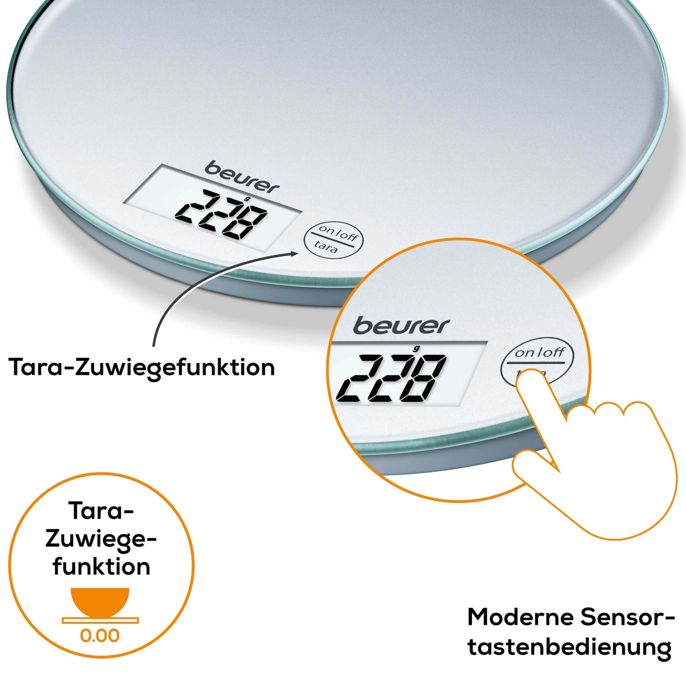 Beurer Küchenwaage - KS 28-Runde Küchenwaage mit Glasoberfläche in flachem & modernen Design
