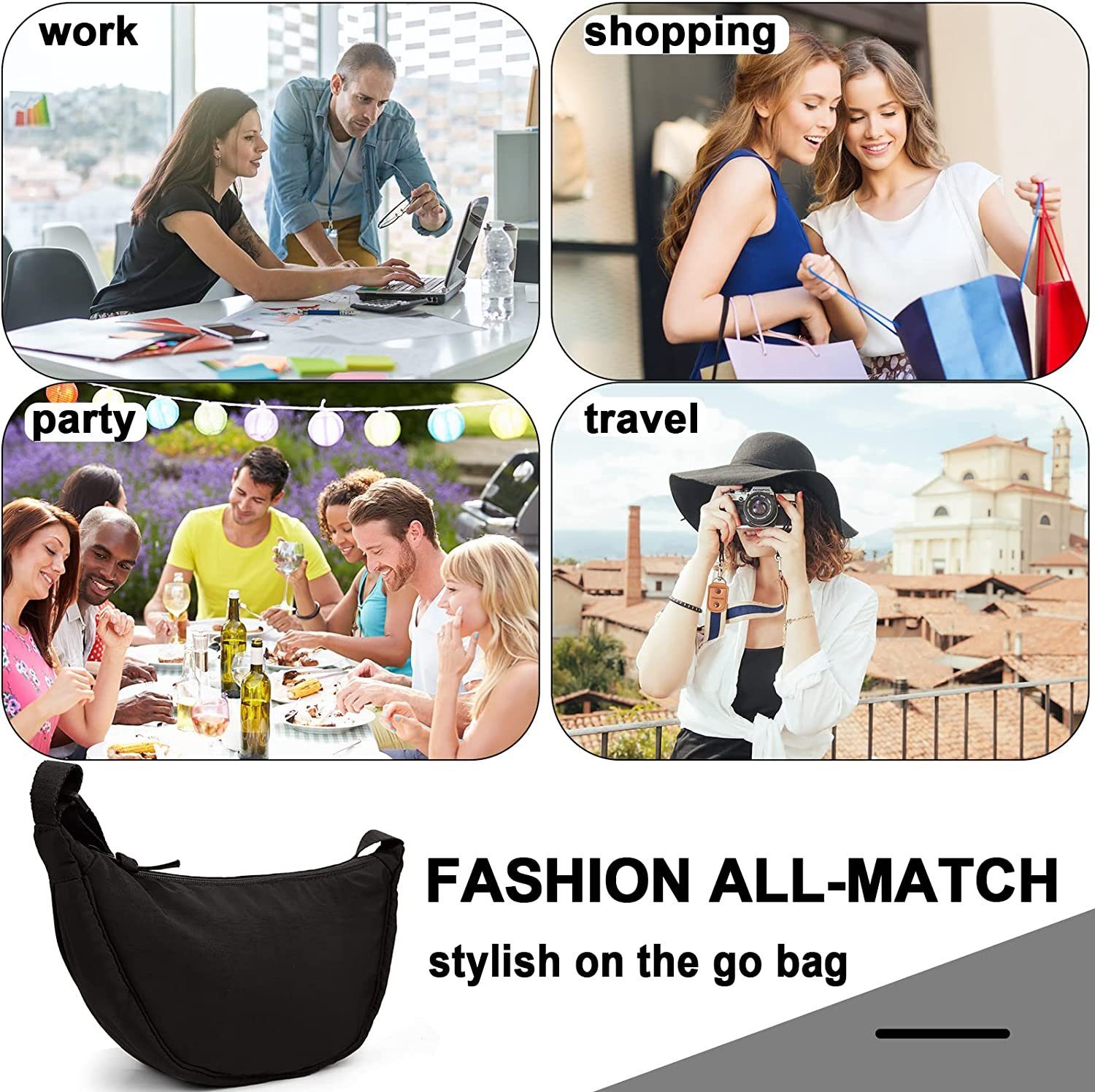 Blusmart Umhängetasche Halbmond Crossbody Bag (Reise-Umhängetasche aus Nylon mit verstellbarem Riemen, wasserdichte Umhängetasche), Geeignet für Alltag, Sport, Schule, Outdoor-Reisen usw.