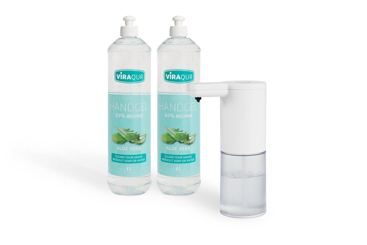 Umuzi Cleaning Viraqur Handhygiene-Set: automatischer Seifenspender inkl. desinfizierendem Handgel. Mit Batterien.