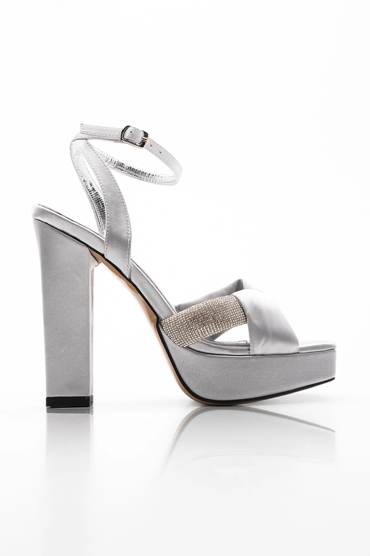 Marjin  Damen Abendschuhe mit Plateauabsatz und dickem Absatz, Knöchelriemen, Vanir, Silber, Satin